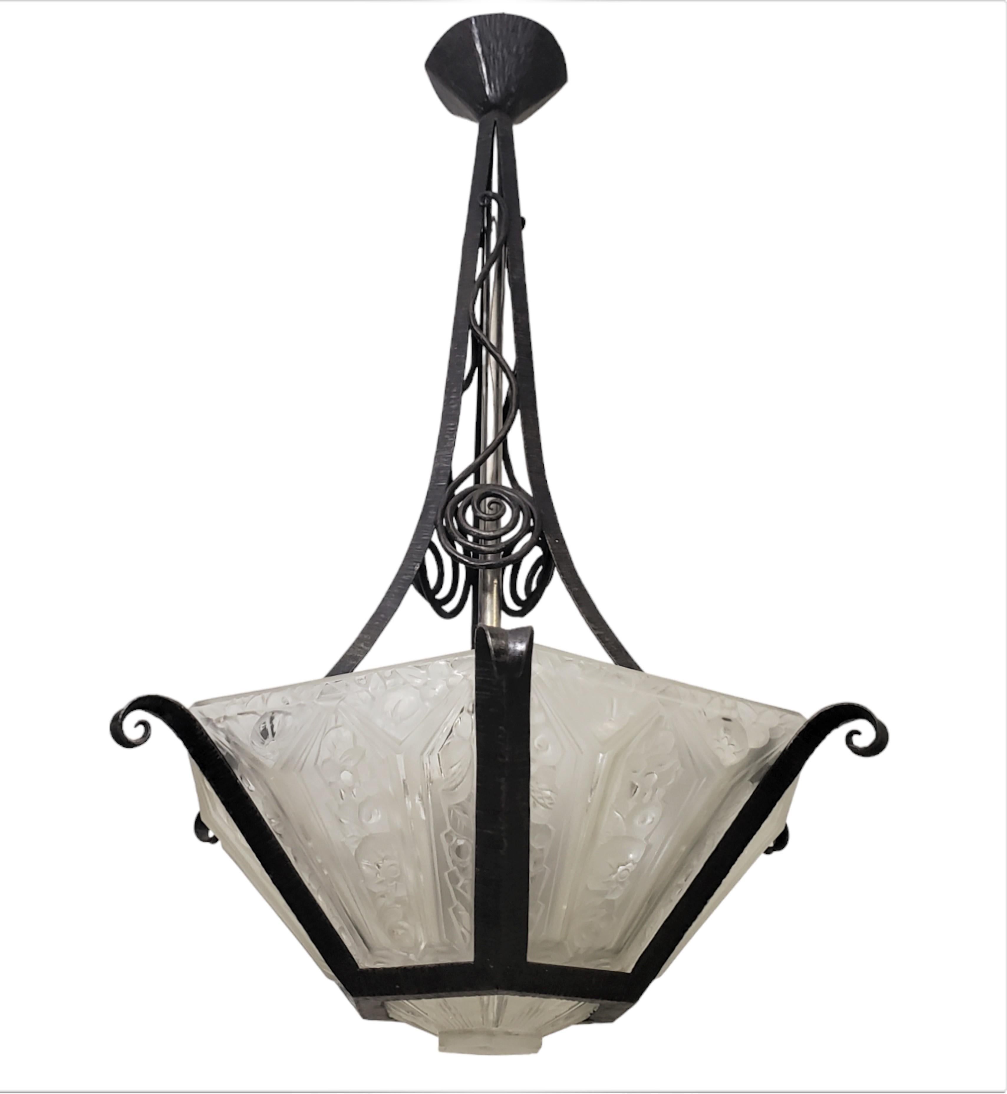 Hand forged Iron +glass French Art Deco chandelier w/ scroll + flowers by Hanots In Good Condition For Sale In New York City, NY