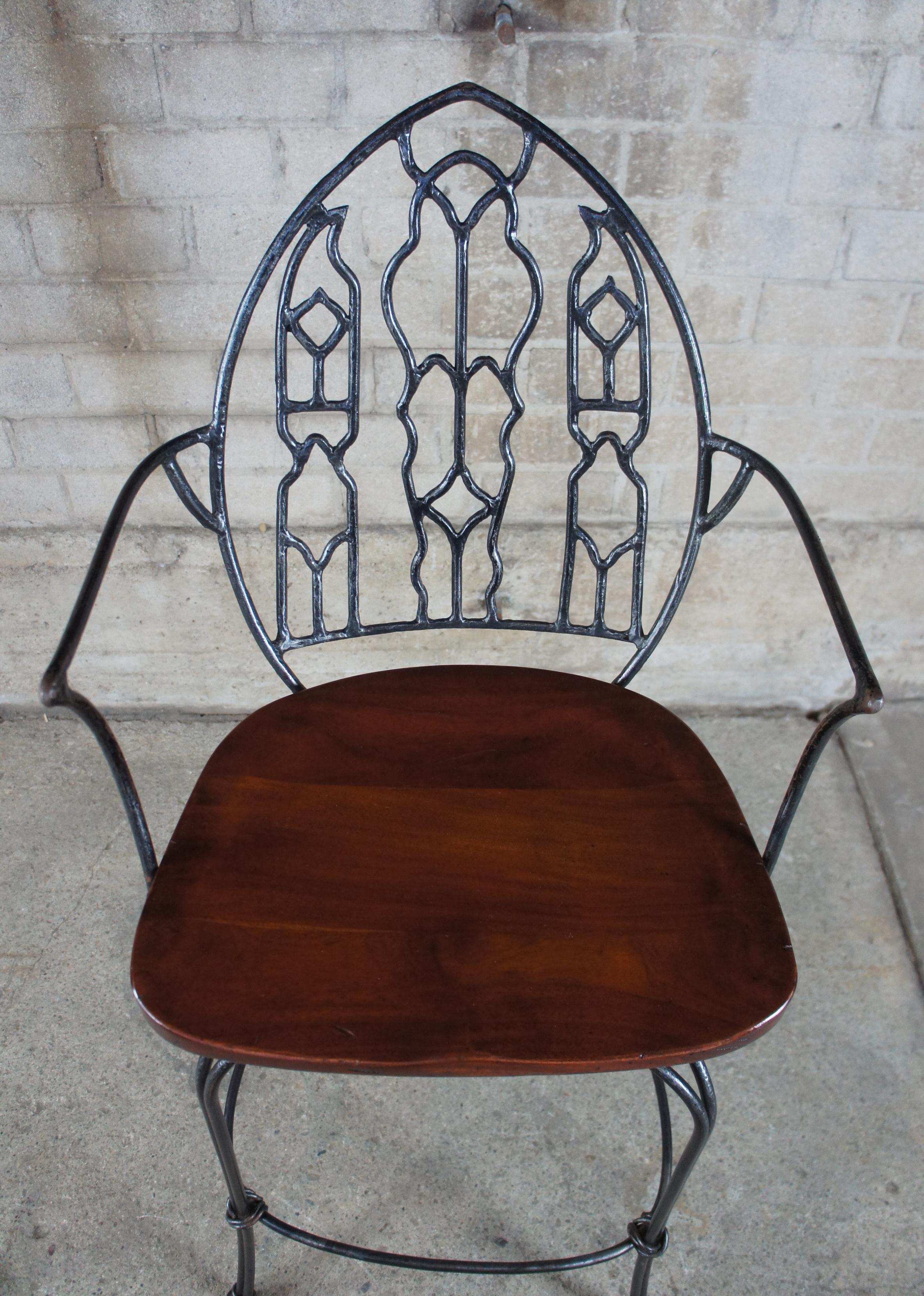 Hand Forged Iron and Mahogany Gothic Spanish Revival Swivel Counter Bar Stools In Good Condition In Dayton, OH