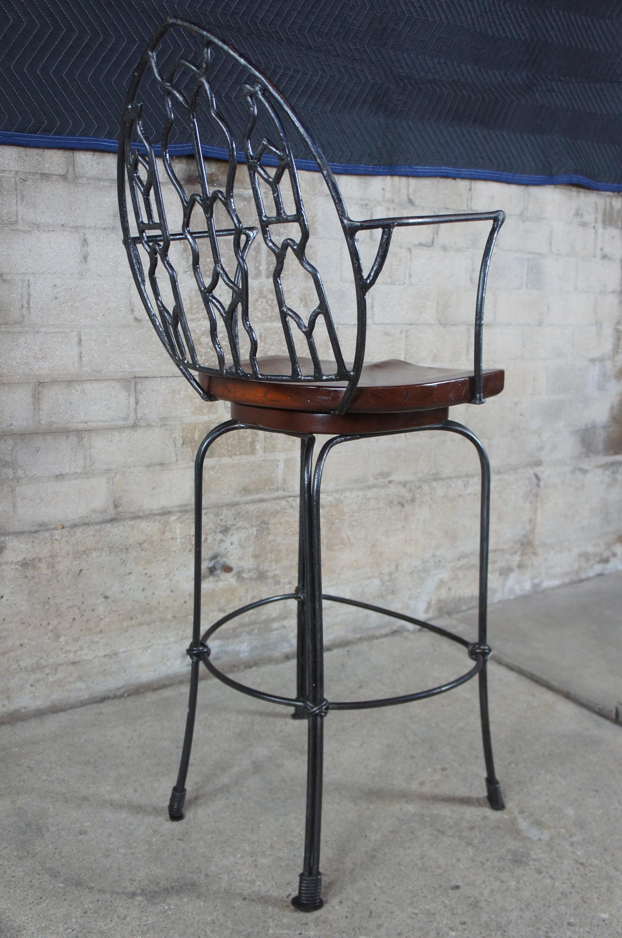 Wrought Iron Hand Forged Iron and Mahogany Gothic Spanish Revival Swivel Counter Bar Stools