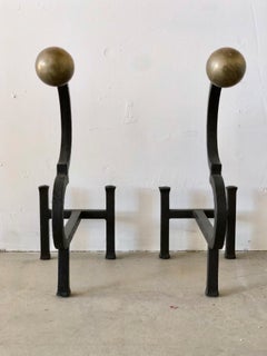 Hand Forged Large Black Iron and Brass Andirons