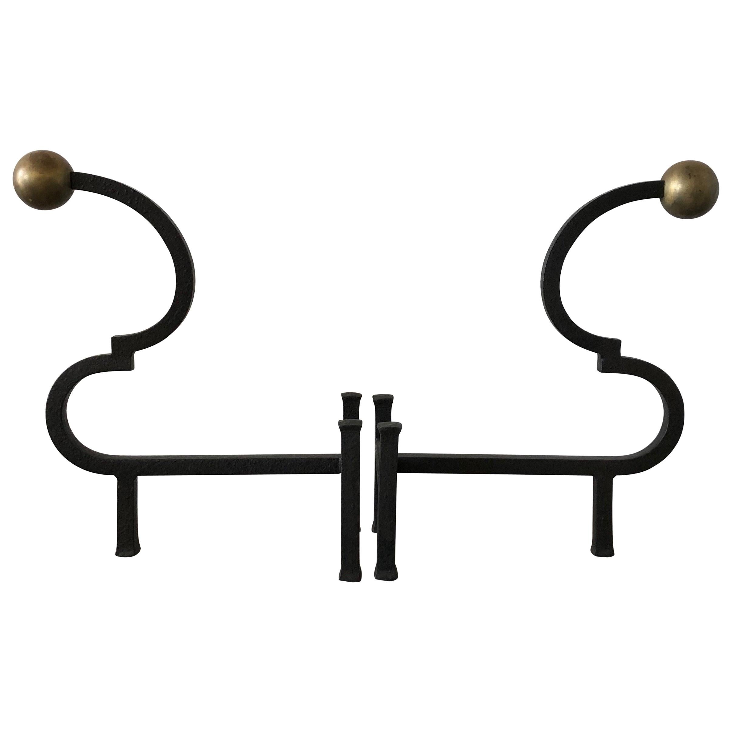 Hand Forged Large Black Iron and Brass Andirons For Sale