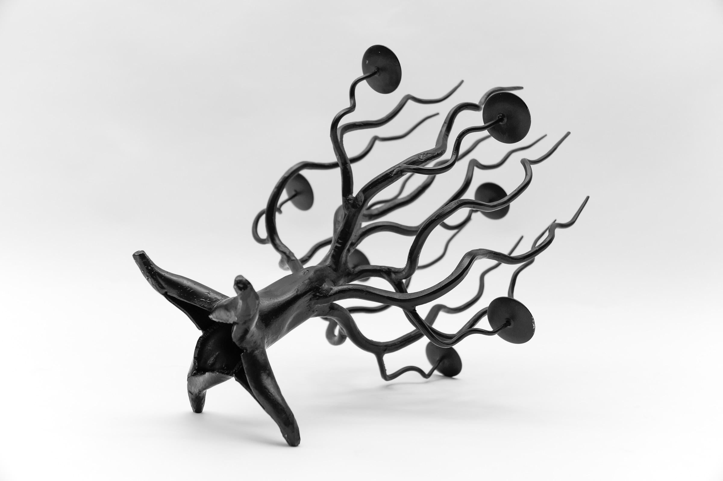 Hand-Crafted Hand-forged metal design tree of life sculpture candle holder, 1960s