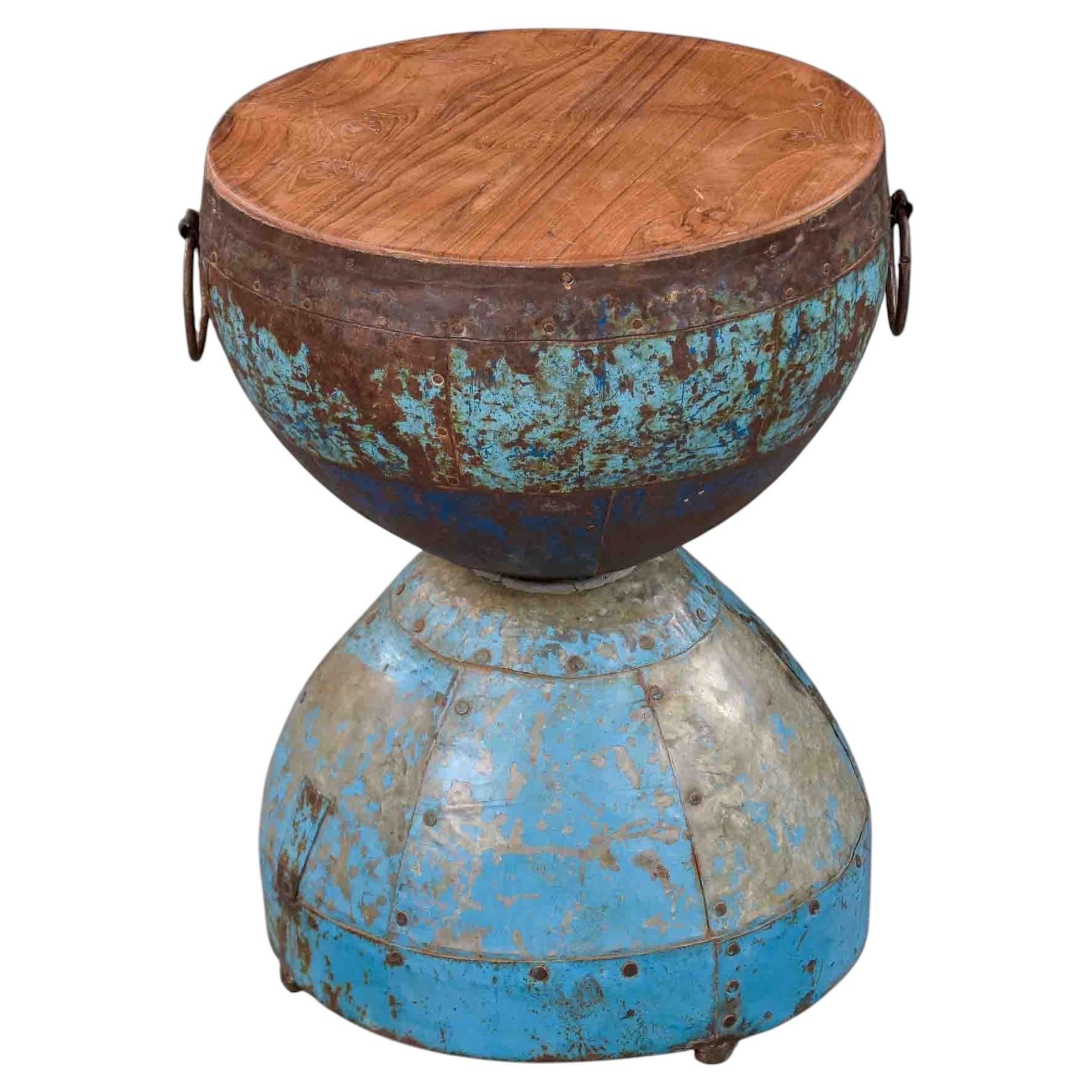 Hand-Forged Metal Hourglass Side Table with Wood Top For Sale