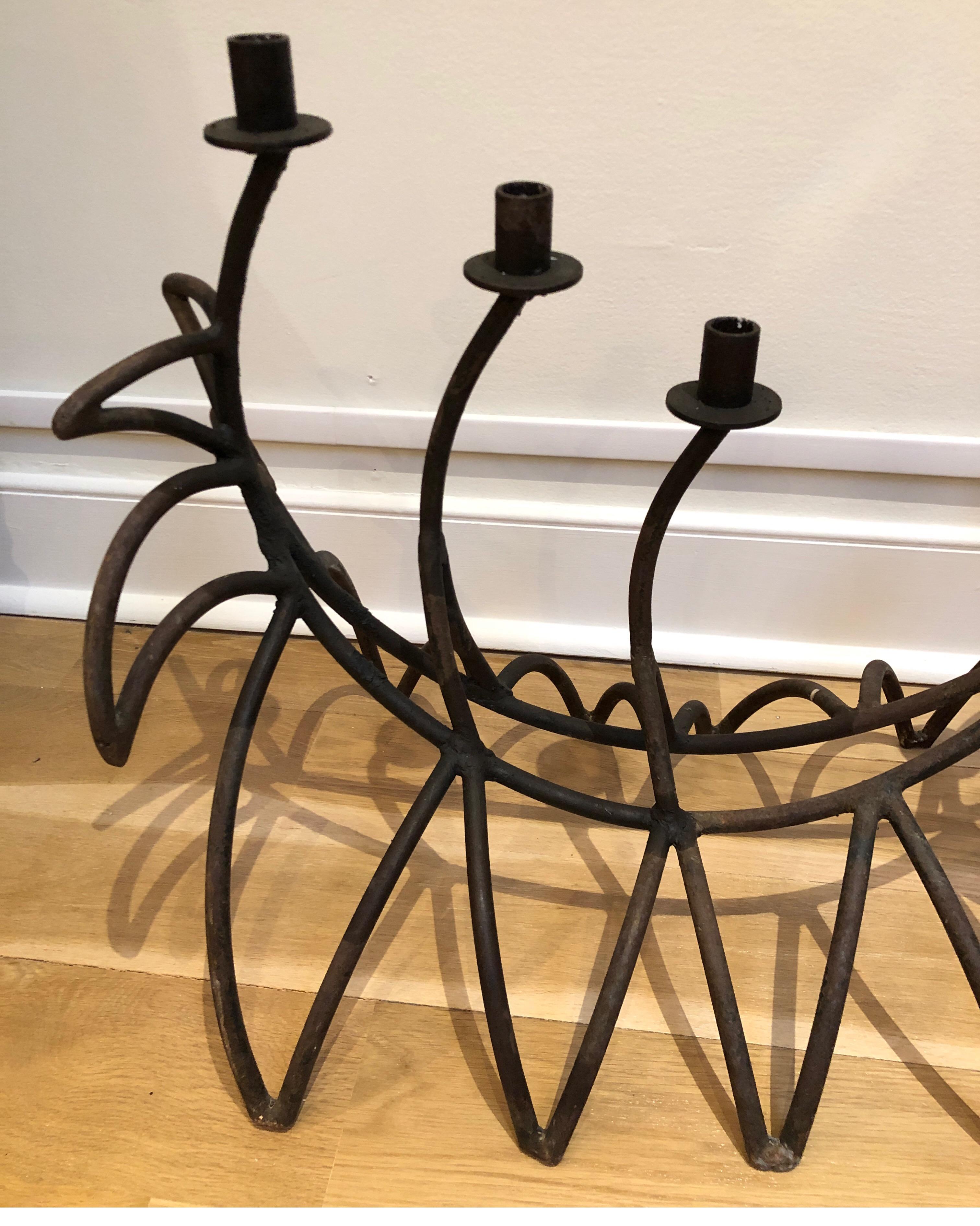 Hand-Carved Hand Forged Midcentury Iron Candelabra, 7-Light For Sale