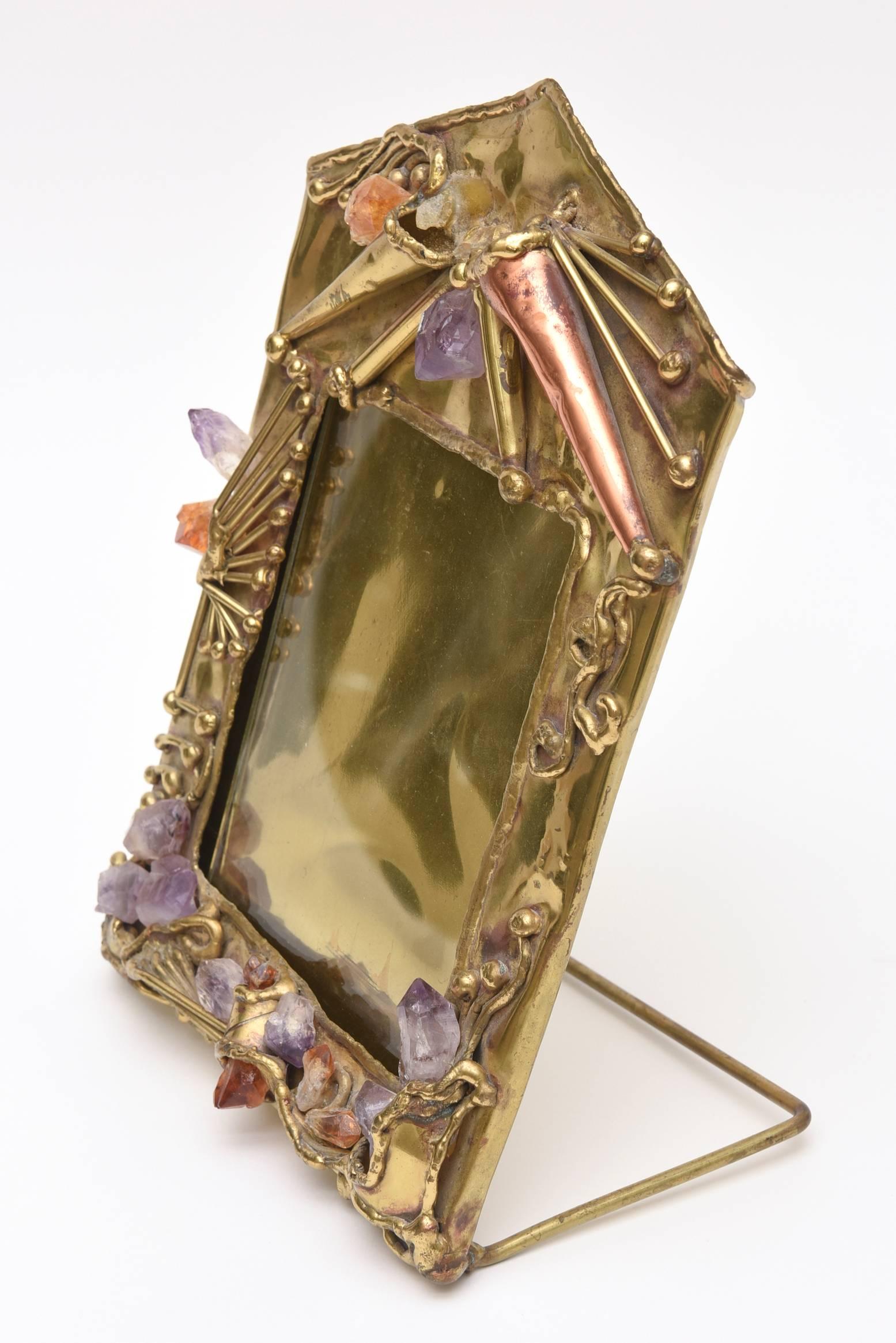 Hand Forged One of Kind Brass, Mixed Metal, Amethyst & Quartz Picture Frame  In Good Condition In North Miami, FL