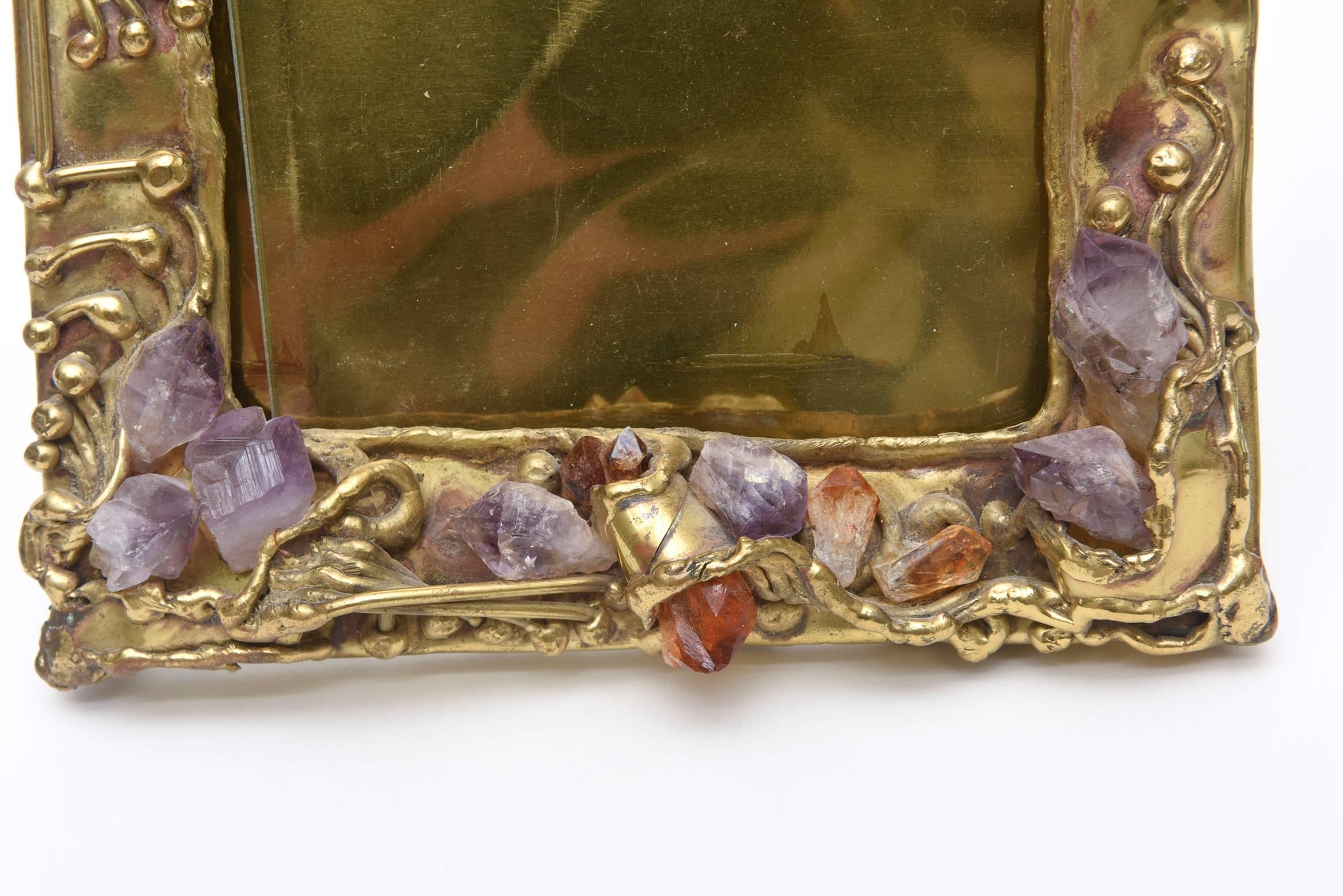 Hand Forged One of Kind Brass, Mixed Metal, Amethyst & Quartz Picture Frame  1