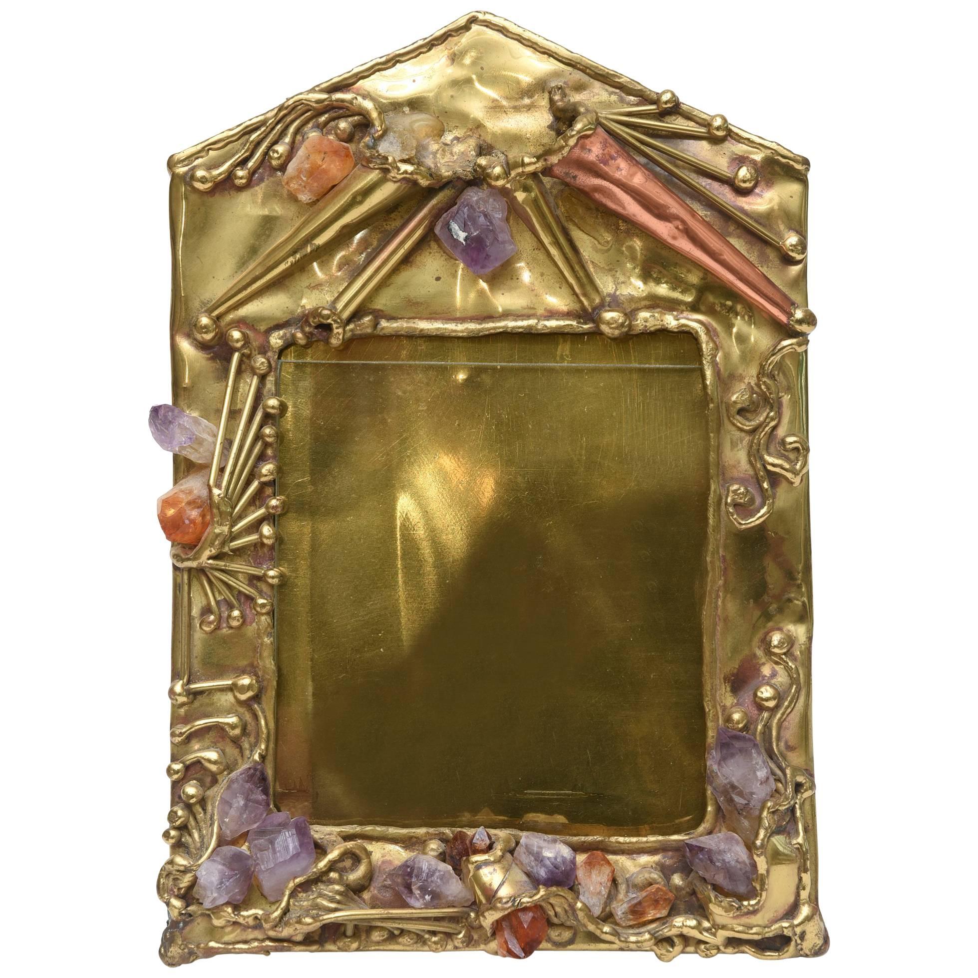 Hand Forged One of Kind Brass, Mixed Metal, Amethyst & Quartz Picture Frame 