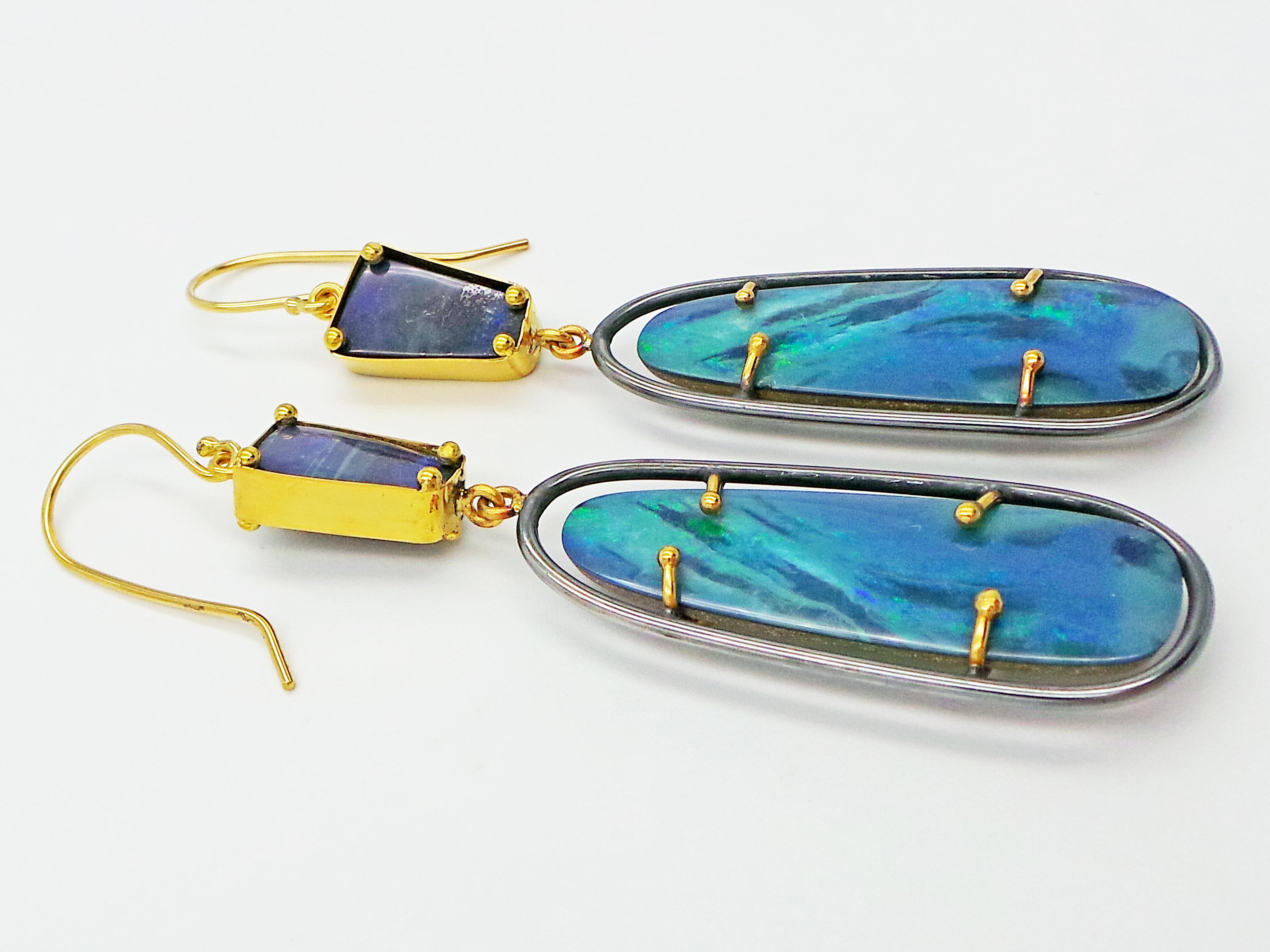 Oxidized sterling silver and 22k yellow gold hand-fabricated dangle earrings featuring amazing green blue Australian Boulder Opals. Unique, beautiful and one-of-a-kind artisan earrings.