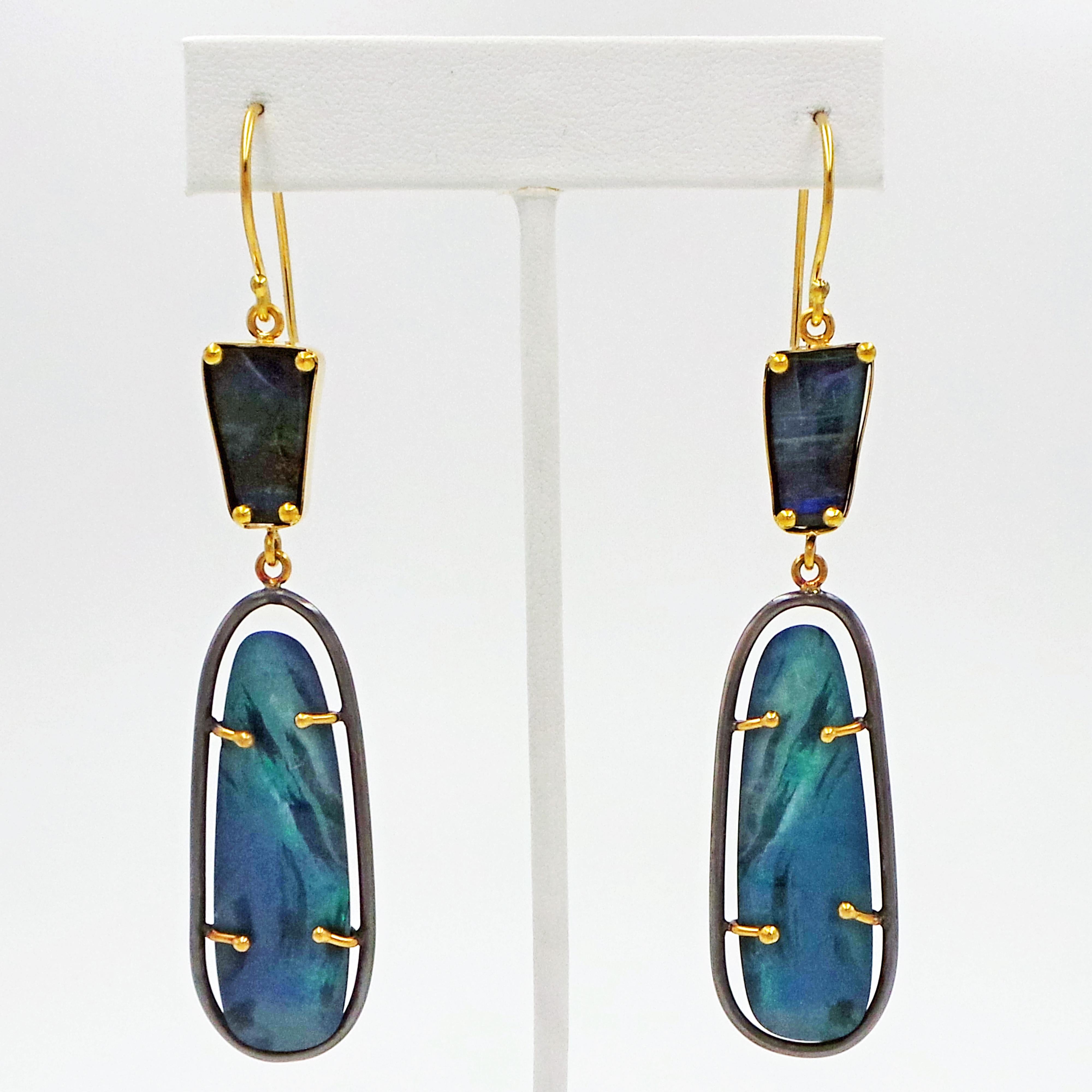 Contemporary Australian Opal Hand-Forged Oxidized Silver and 22 Karat Gold Dangle Earrings For Sale