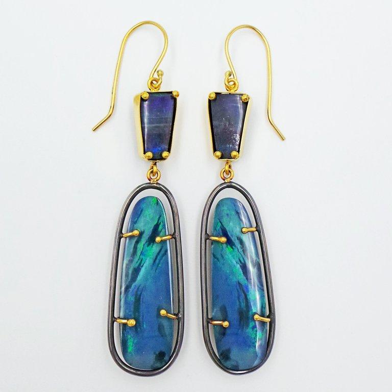 Australian Opal Hand-Forged Oxidized Silver and 22 Karat Gold Dangle Earrings In New Condition For Sale In Naples, FL