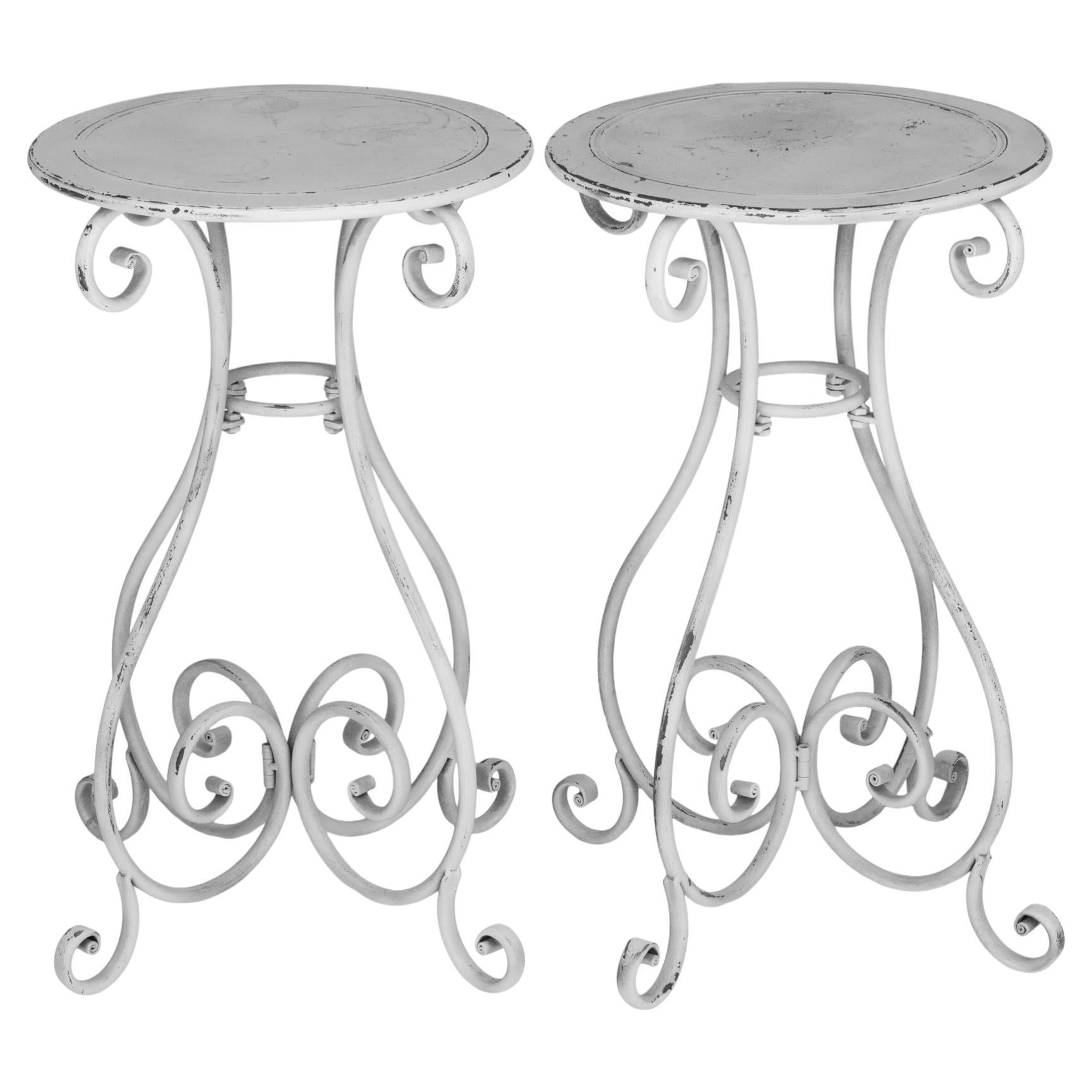 Hand forged Round White Iron Pedestal Tables; set/2 For Sale