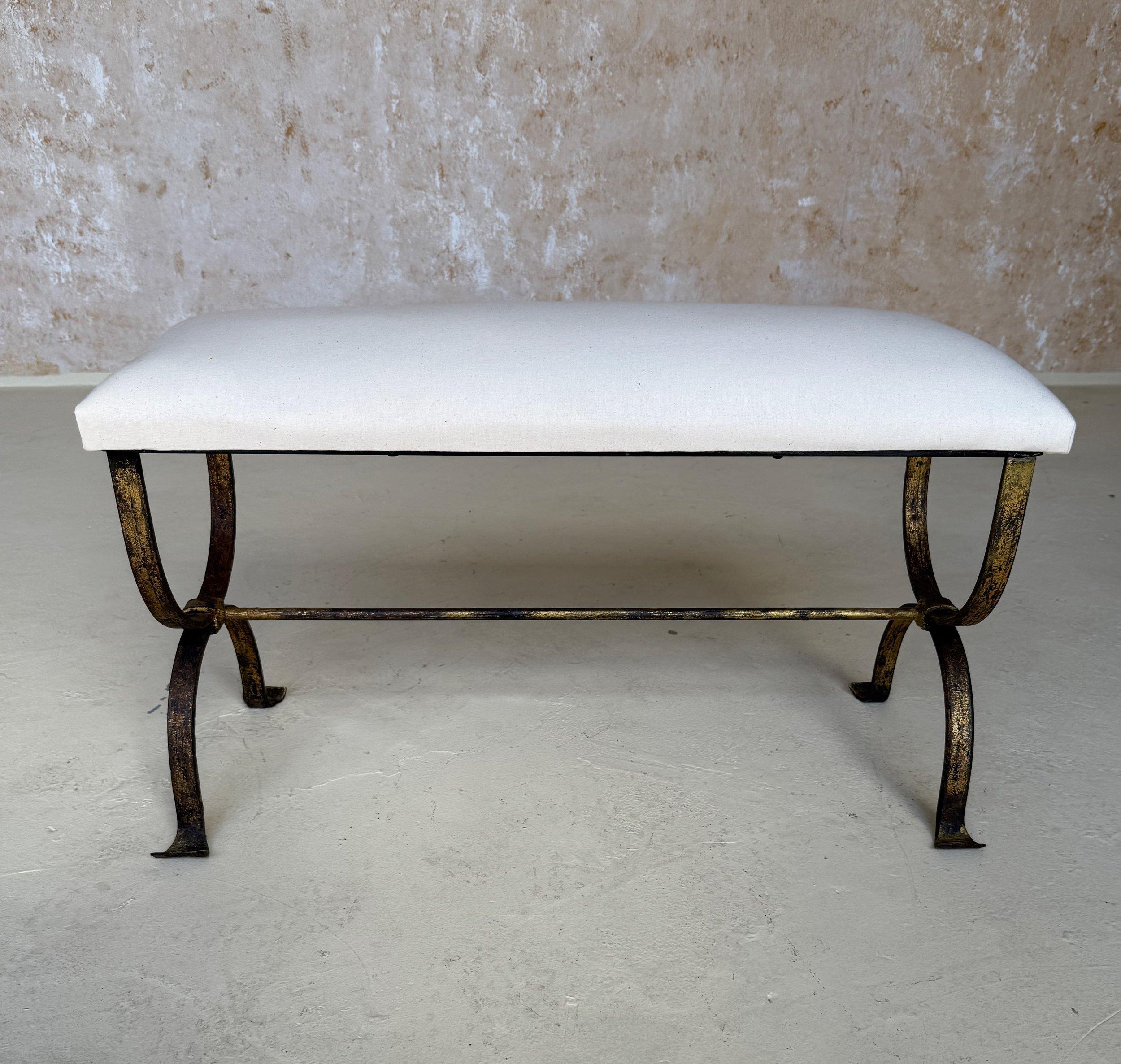 Hand Forged Spanish Gilt Iron Bench In Good Condition For Sale In Buchanan, NY