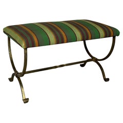 Banco de Hierro Dorado Estilo Español Forjado a Mano con Asiento de Lino de Algodón a Rayas