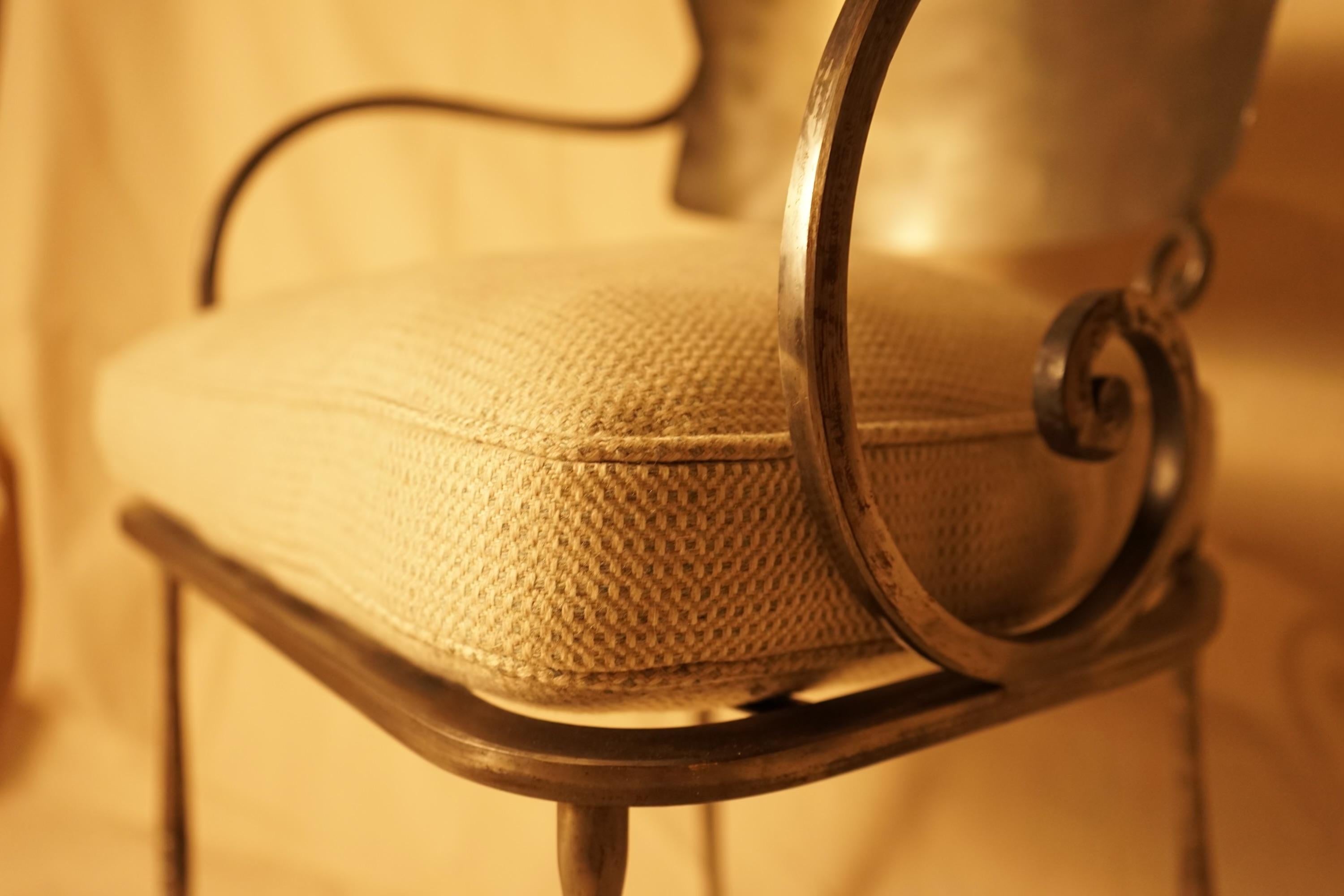 American Hand Forged Steel  Klismos Style Arm Chair with Wool Seat Upholstery