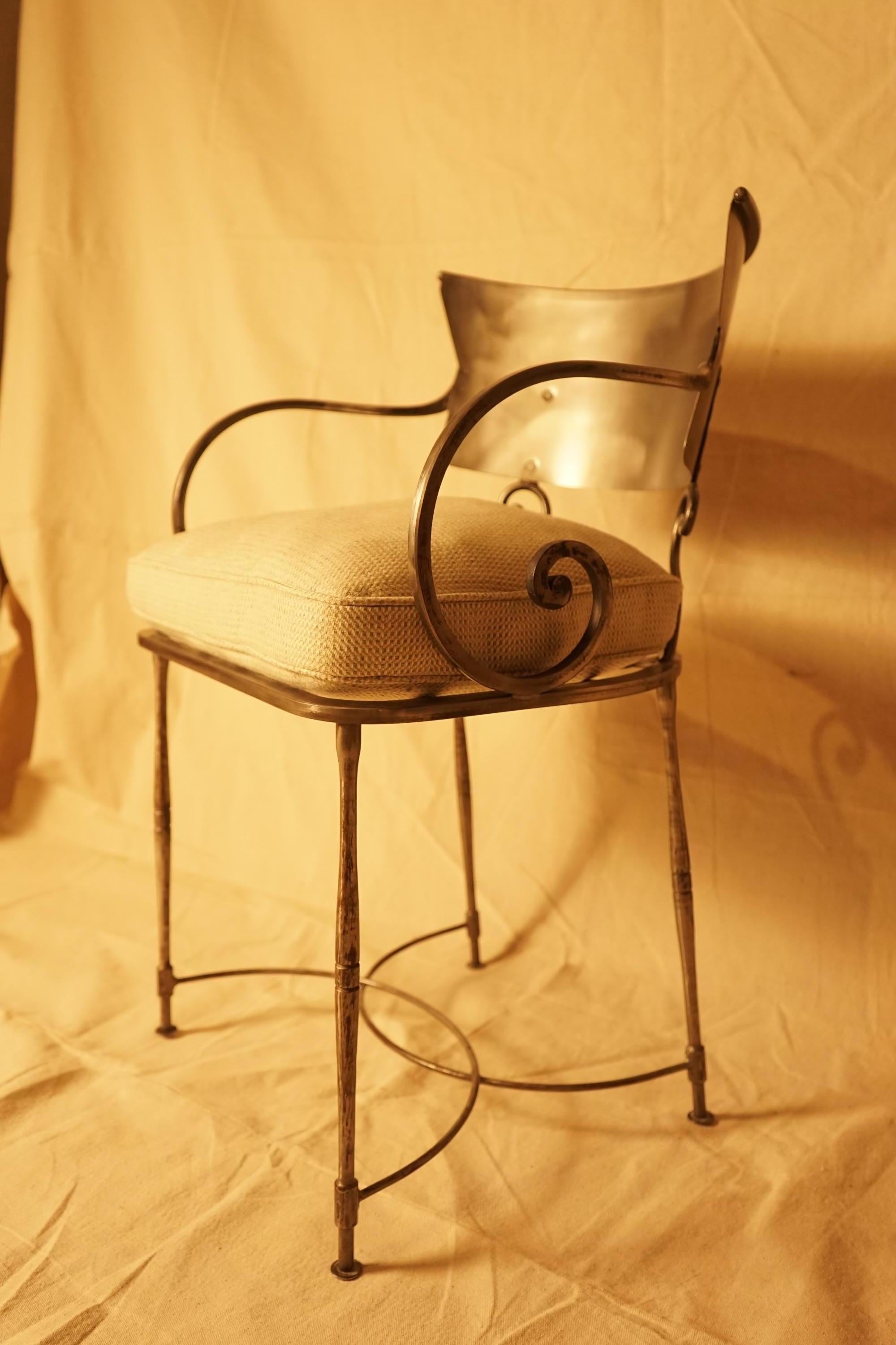 Hand Forged Steel  Klismos Style Arm Chair with Wool Seat Upholstery In Good Condition In Hopewell, NJ