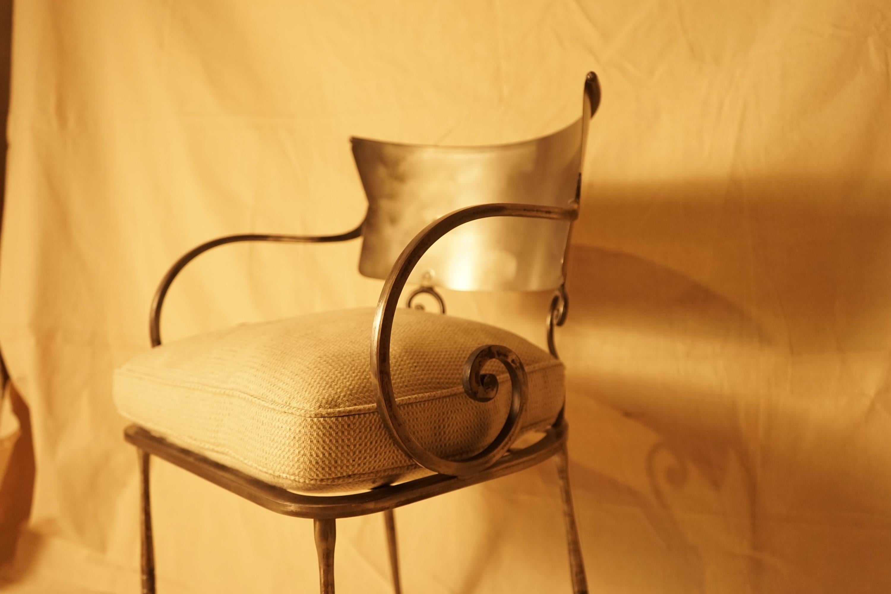 Contemporary Hand Forged Steel  Klismos Style Arm Chair with Wool Seat Upholstery