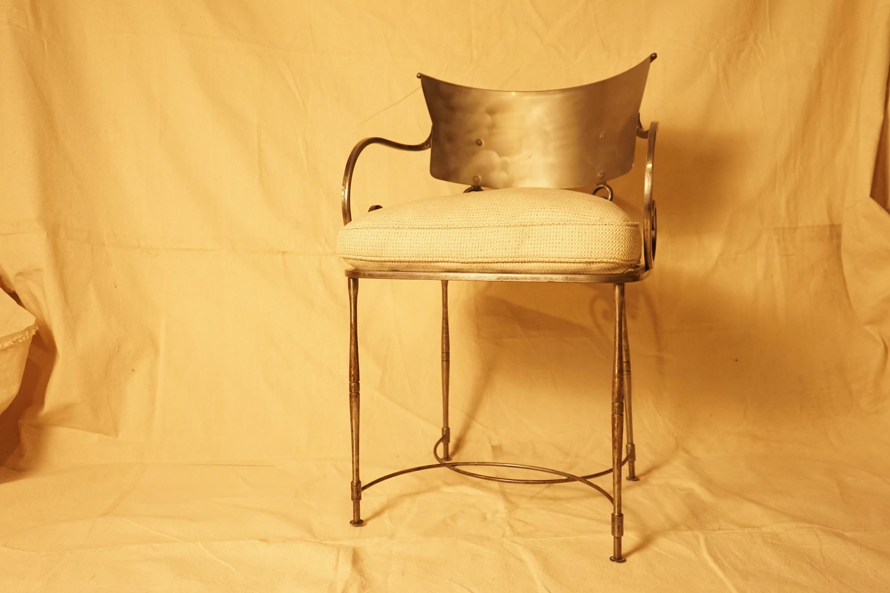 Hand Forged Steel  Klismos Style Arm Chair with Wool Seat Upholstery 1