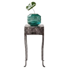 Hand-Forged Steel Side Table & Blown-Glass Orb Vase Set