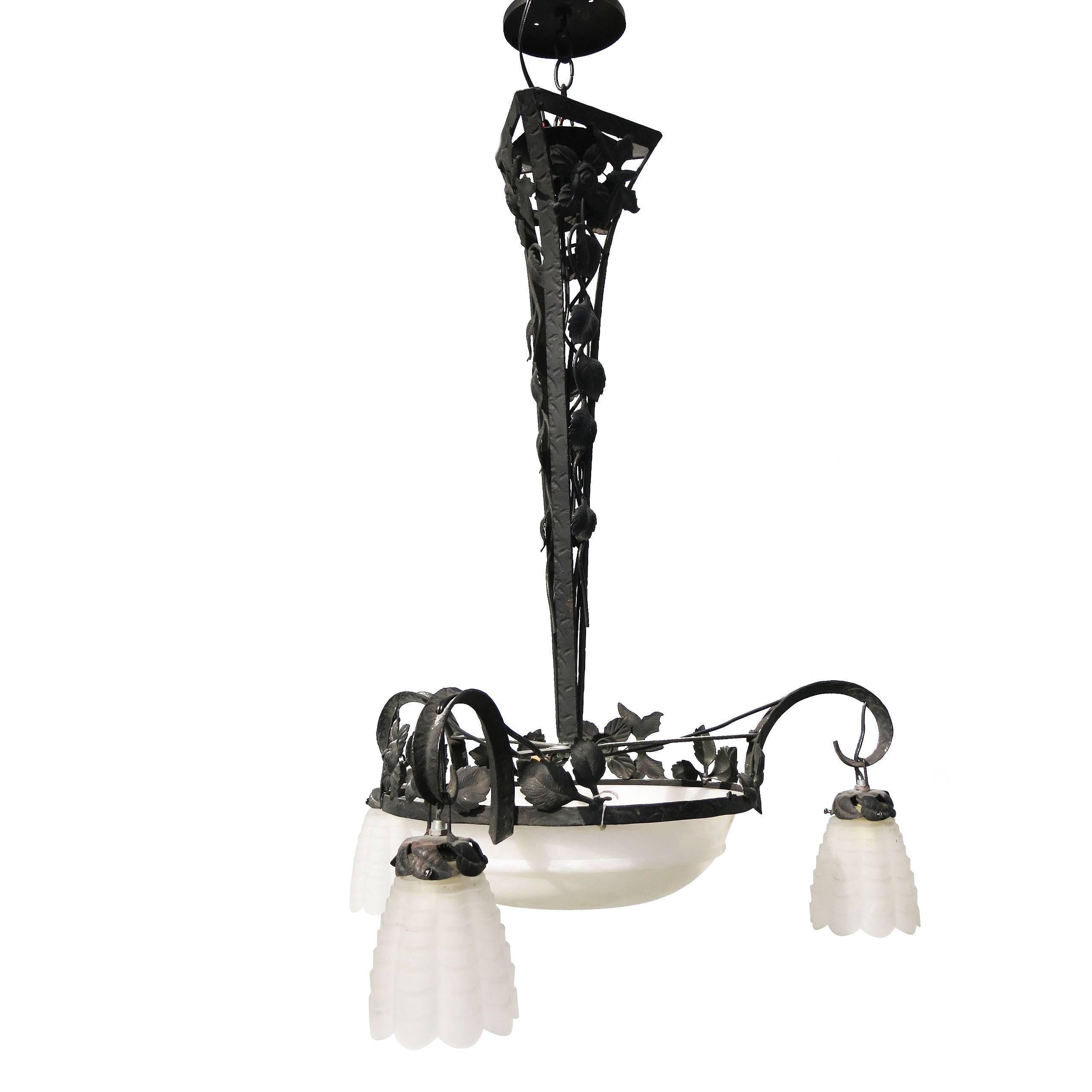 Late Victorian Hand Forged Toleware French Style Alabaster and Iron Chandelier