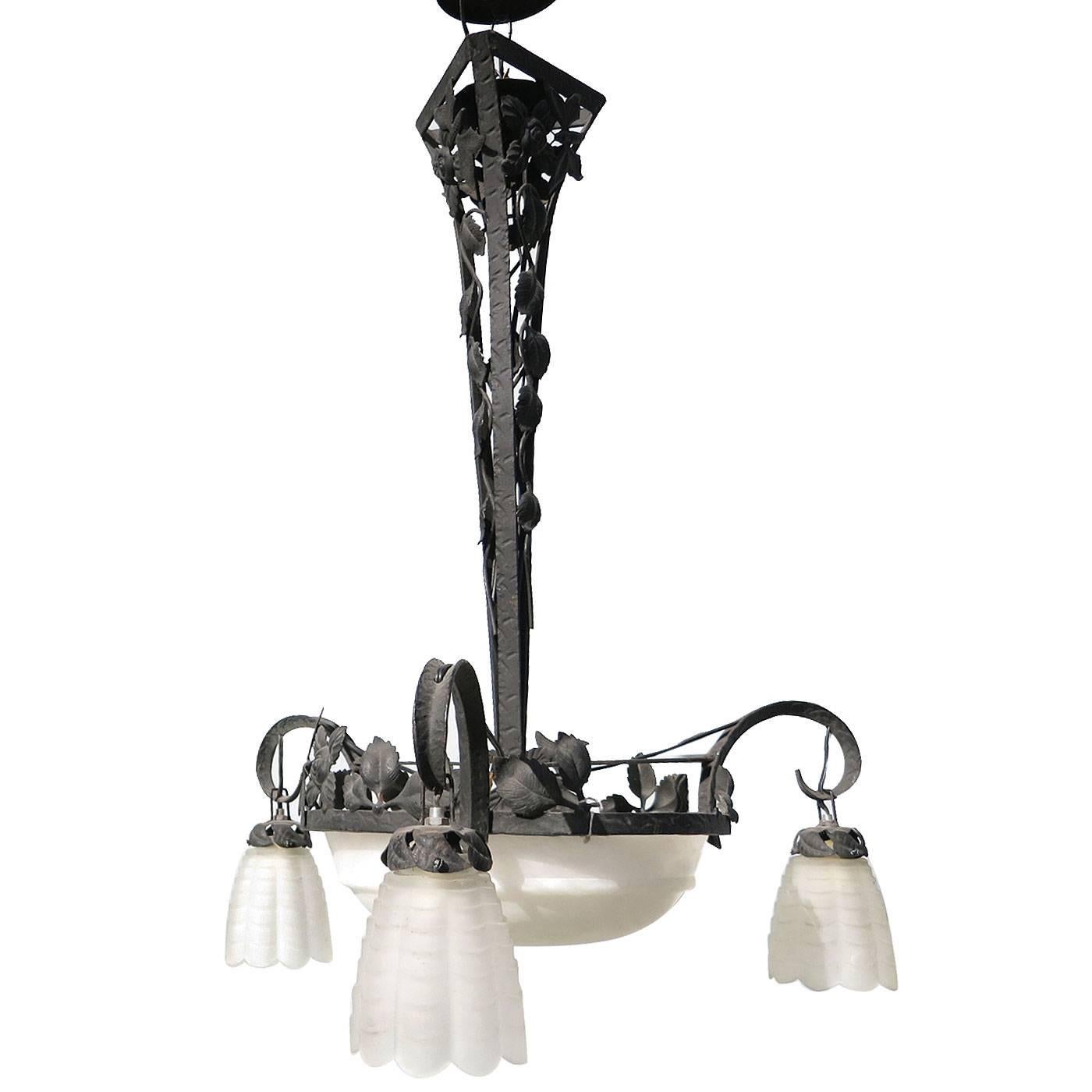 American Hand Forged Toleware French Style Alabaster and Iron Chandelier