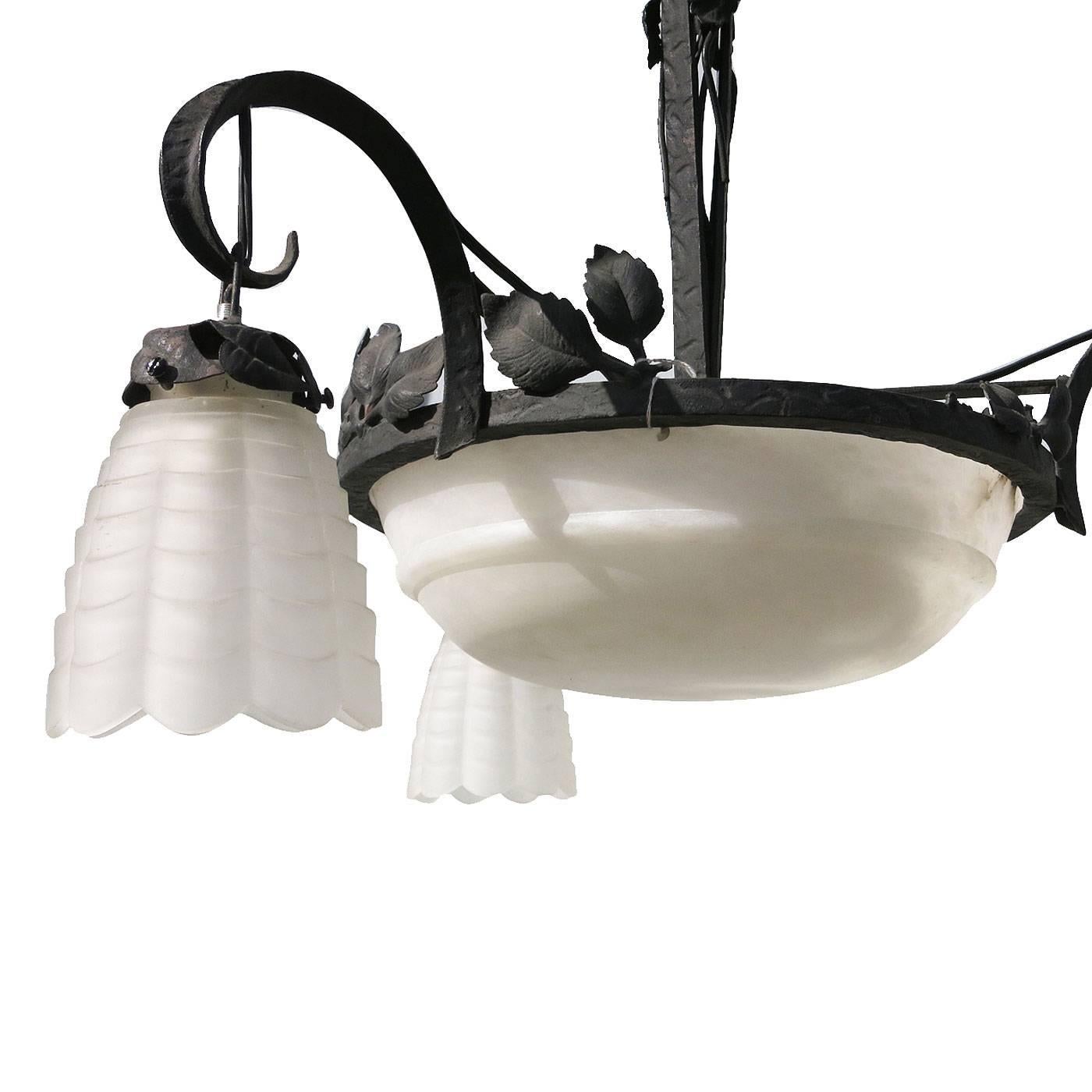 Contemporary Hand Forged Toleware French Style Alabaster and Iron Chandelier