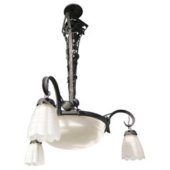 Hand Forged Toleware French Style Alabaster and Iron Chandelier