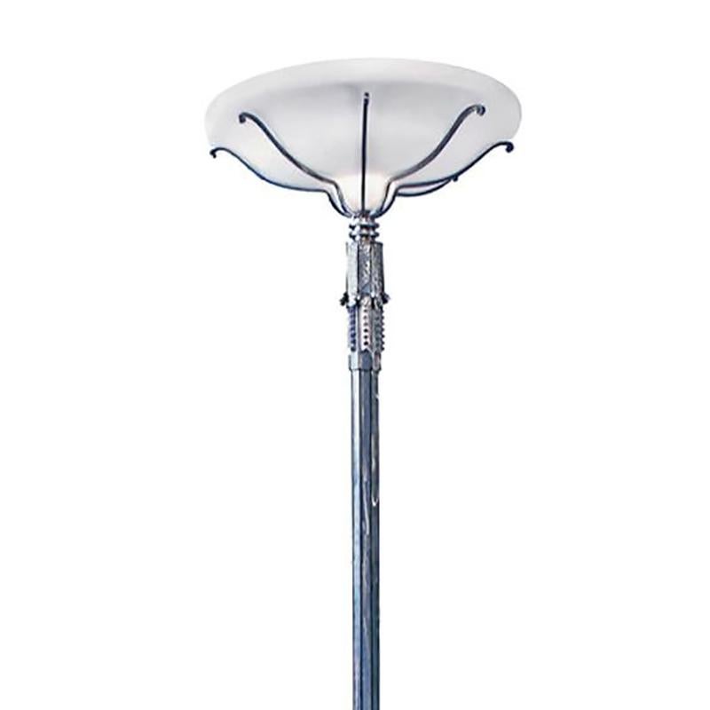 Torchère floor lamp with hand forged mild steel hammered metal finish, clear coating and alabaster shade.

Dimensions: 72 height x 25.5 diameter shade.