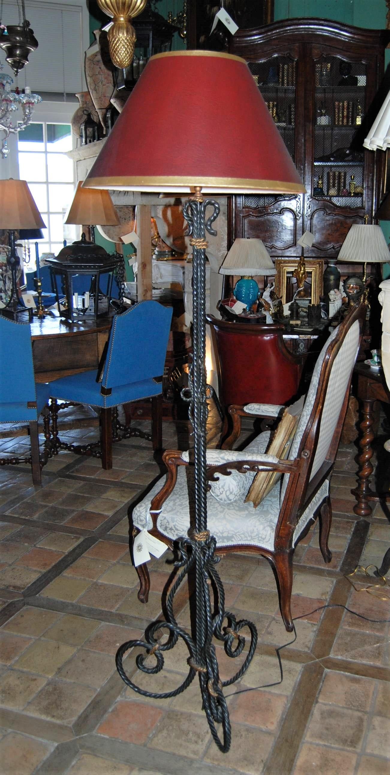 Metal Hand made Forged Iron Floor Lamp soft light w/ Shade Ambiance Antique Dealer LA For Sale