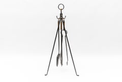 Hand Forged Tripod Iron and Brass Stand with Fireplace Tools, Austria, 1950s