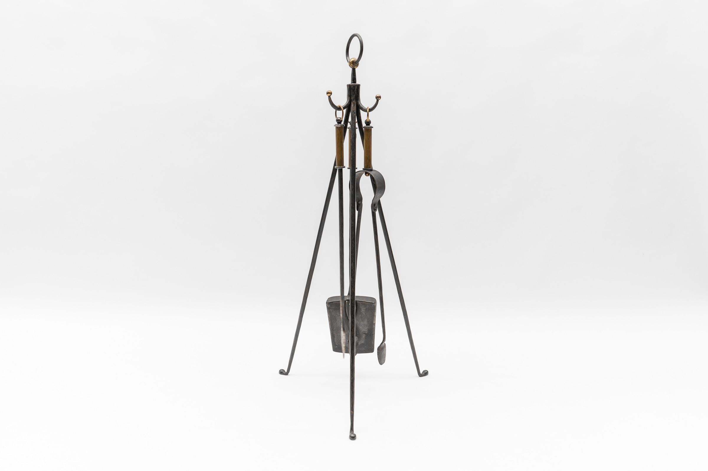 Mid-Century Modern Hand Forged Tripod Iron and Brass Stand with Fireplace Tools, Austria, 1950s For Sale