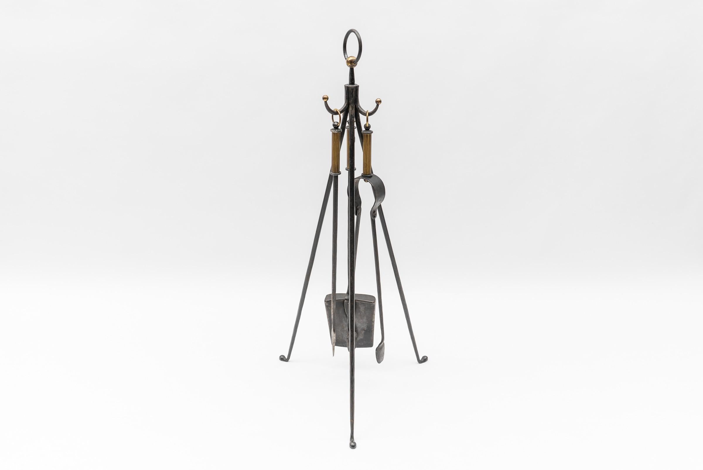 Austrian Hand Forged Tripod Iron and Brass Stand with Fireplace Tools, Austria, 1950s For Sale