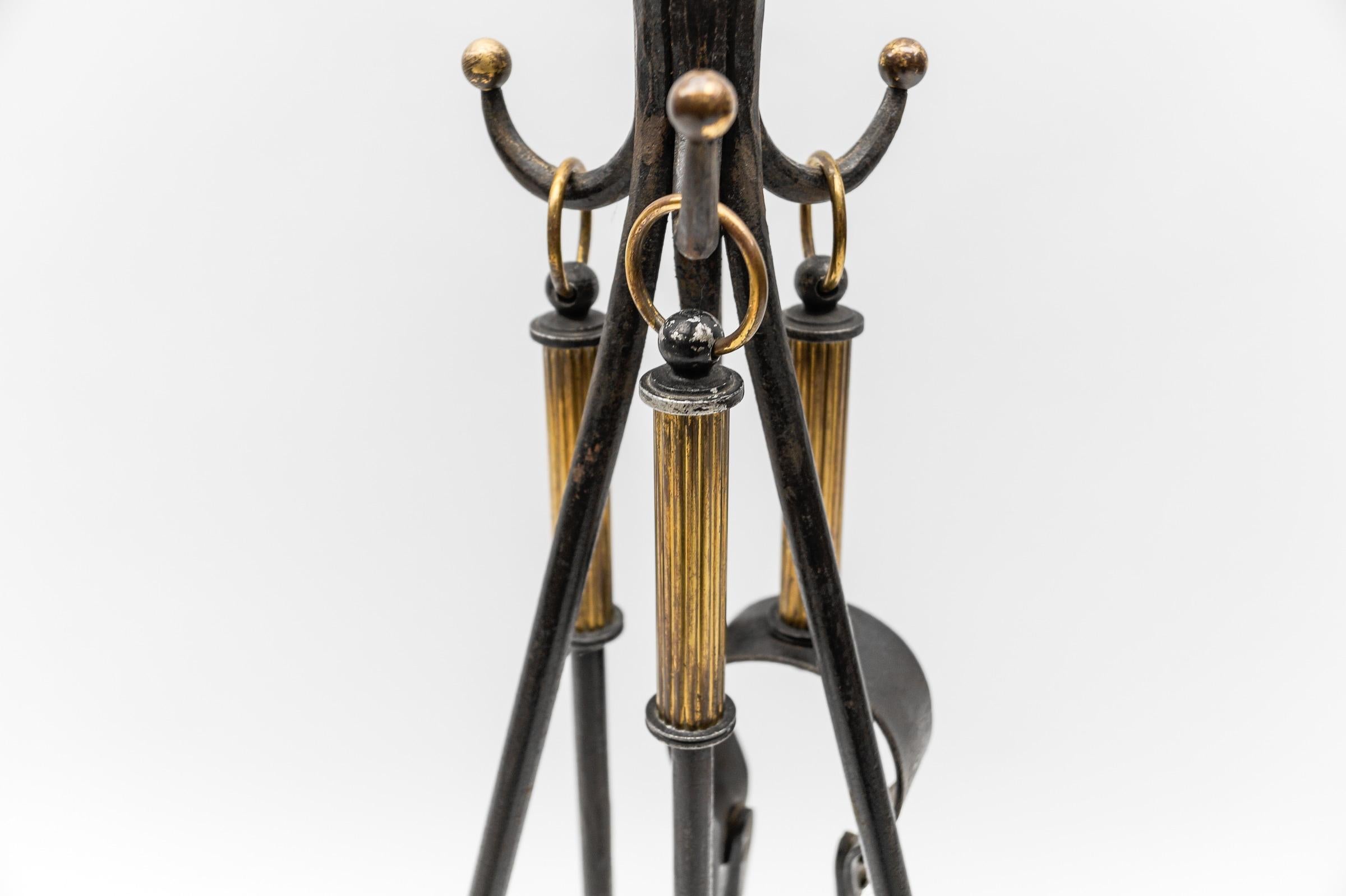 Hand Forged Tripod Iron and Brass Stand with Fireplace Tools, Austria, 1950s For Sale 1