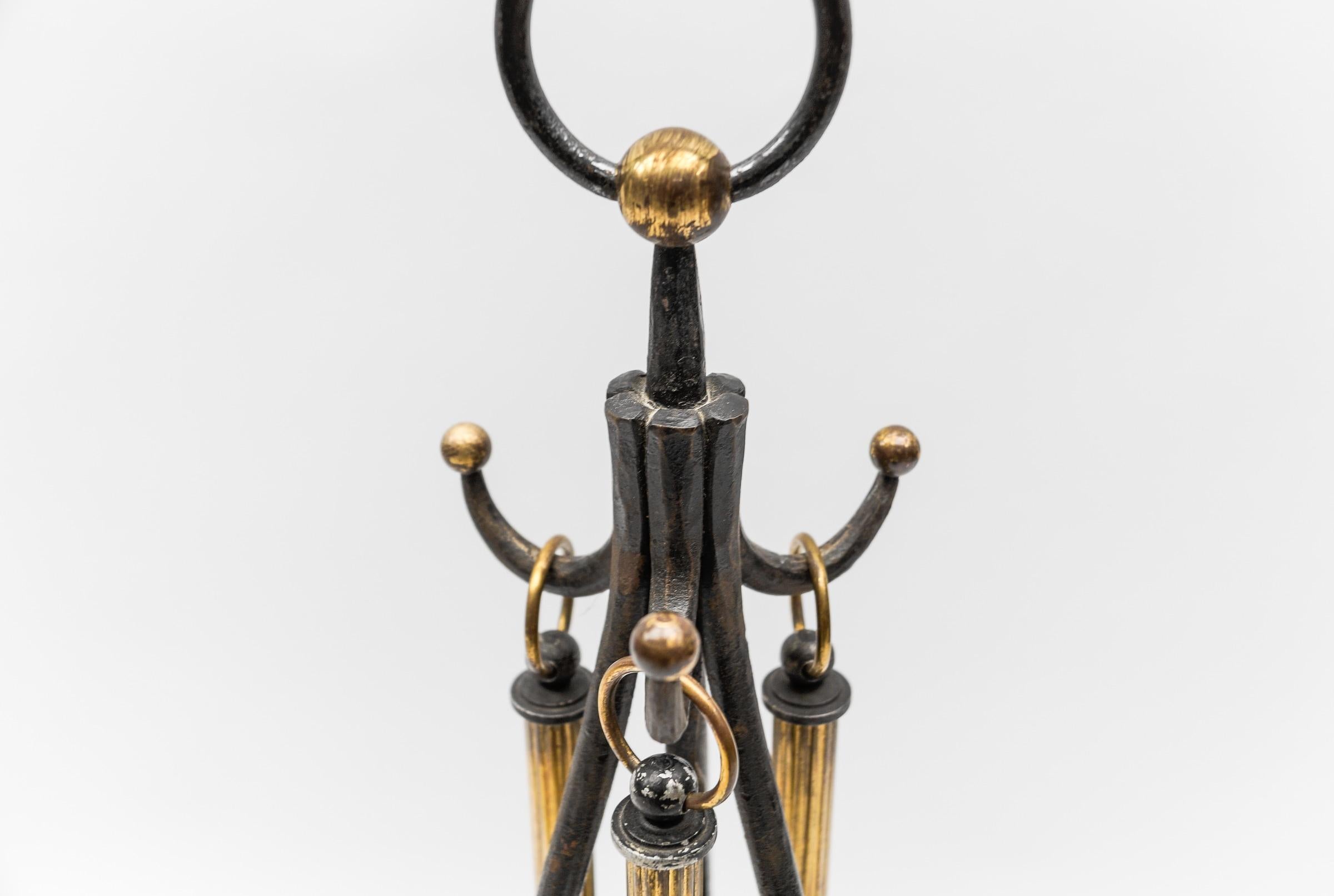 Hand Forged Tripod Iron and Brass Stand with Fireplace Tools, Austria, 1950s For Sale 2