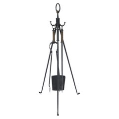 Hand Forged Tripod Iron and Brass Stand with Fireplace Tools, Austria, 1950s