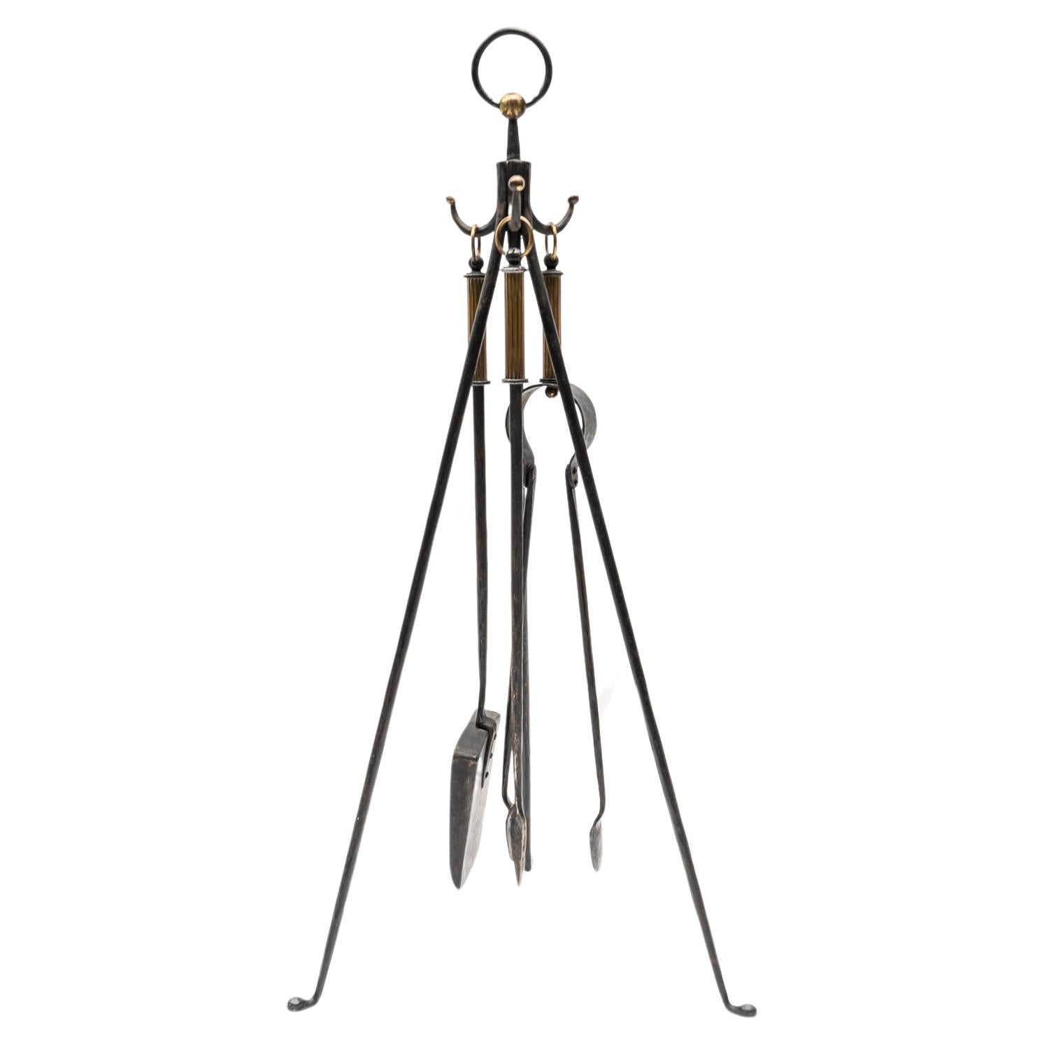 Hand Forged Tripod Iron and Brass Stand with Fireplace Tools, Austria, 1950s For Sale