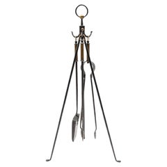 Hand Forged Tripod Iron and Brass Stand with Fireplace Tools, Austria, 1950s