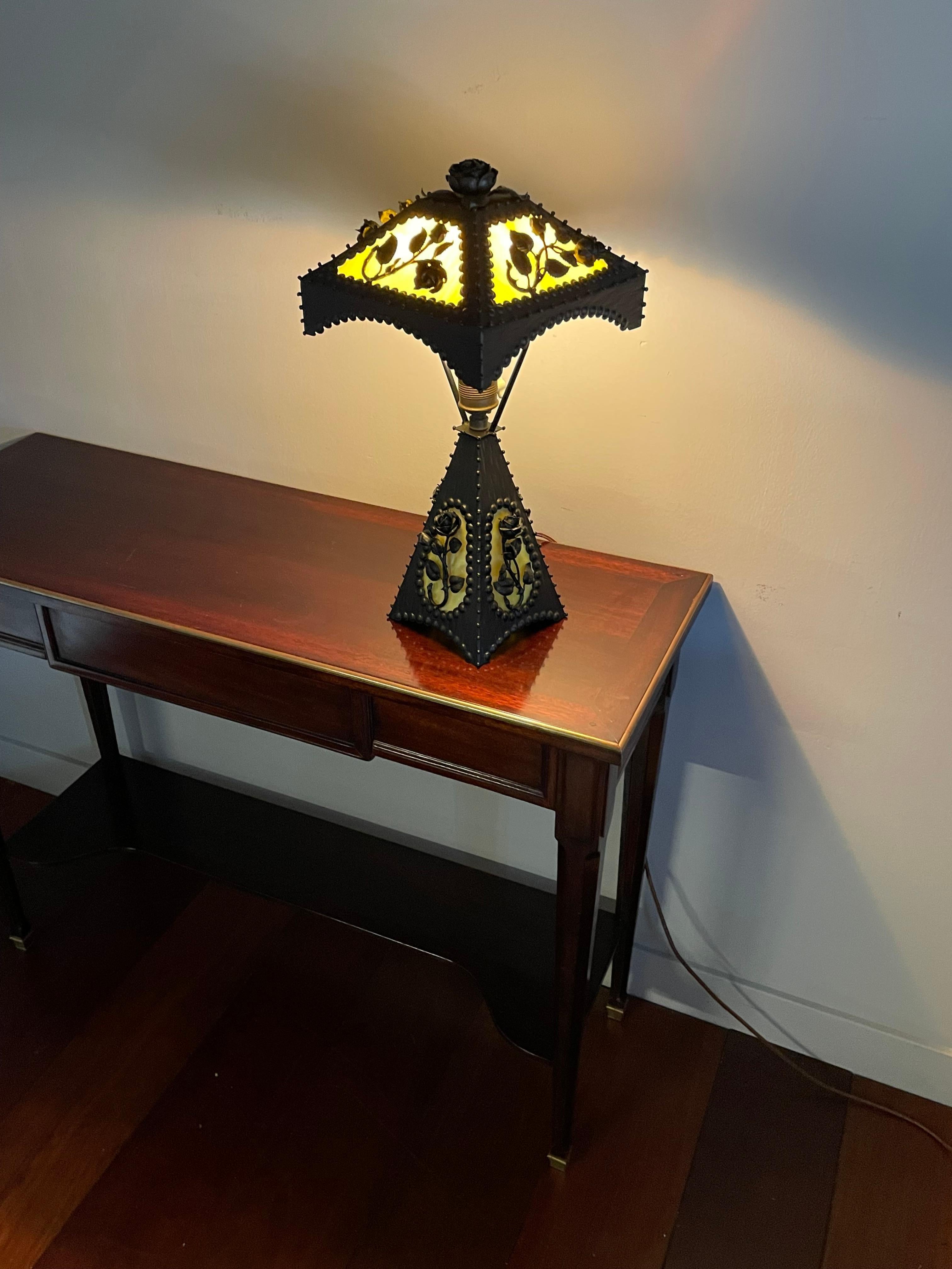 Hand Forged Wrought Iron Arts & Crafts Style Table Lamp with Top Quality Roses For Sale 3