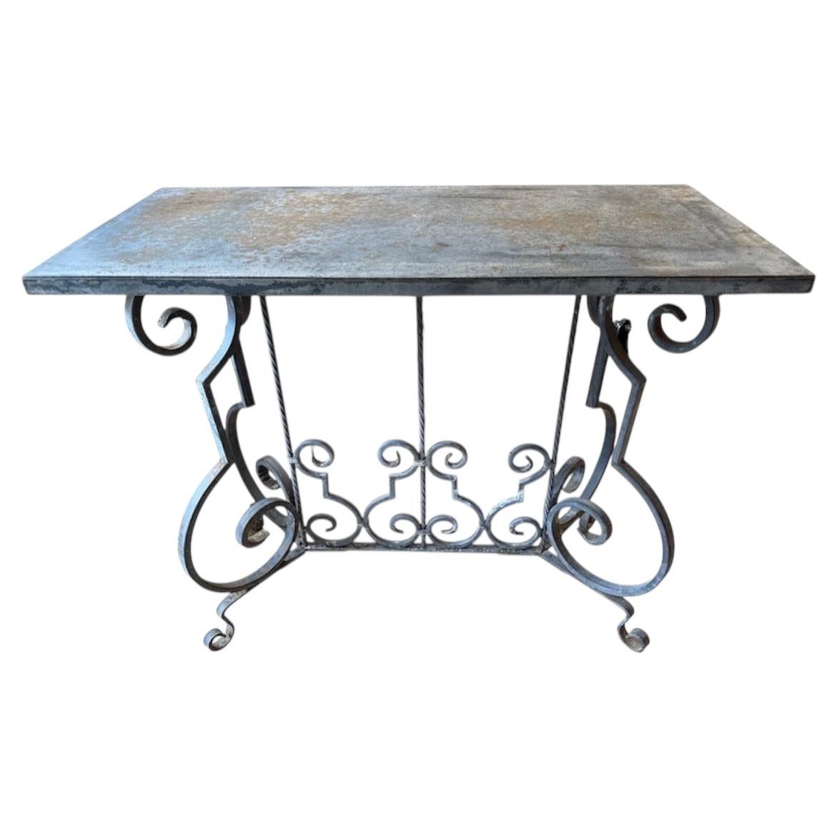 Hand-Forged Wrought Iron Console Table with Original Zinc Top, Southern France For Sale