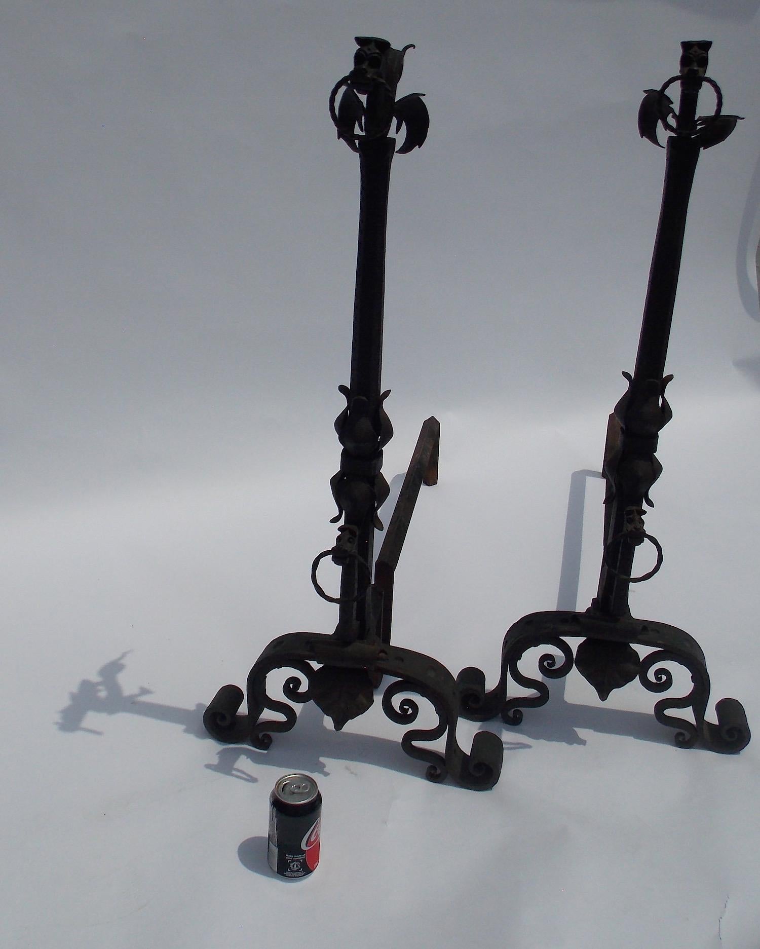Hand Forged Wrought Iron Dragon Andirons For Sale 4