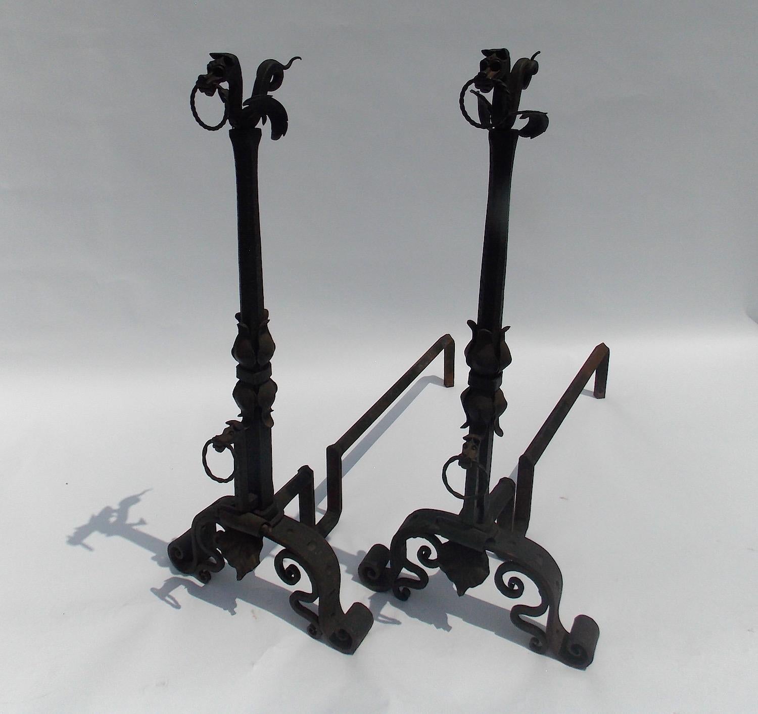 Hand Forged Wrought Iron Dragon Andirons For Sale 6