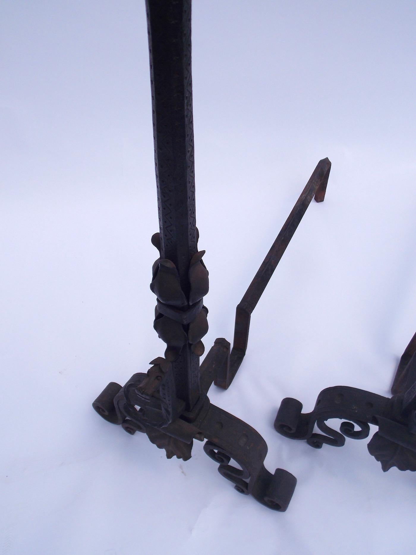 Hand Forged Wrought Iron Dragon Andirons For Sale 8