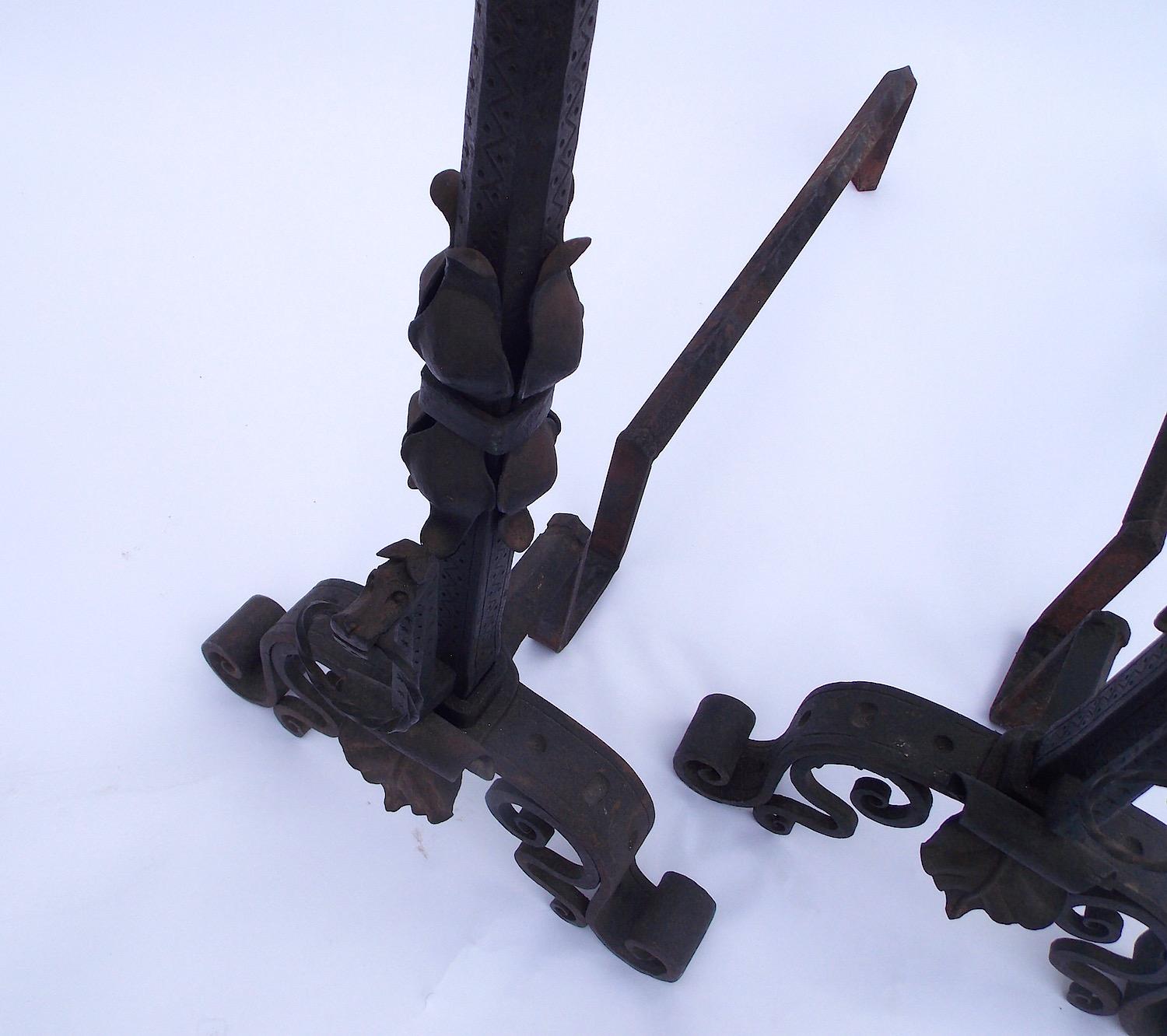 Hand Forged Wrought Iron Dragon Andirons For Sale 10