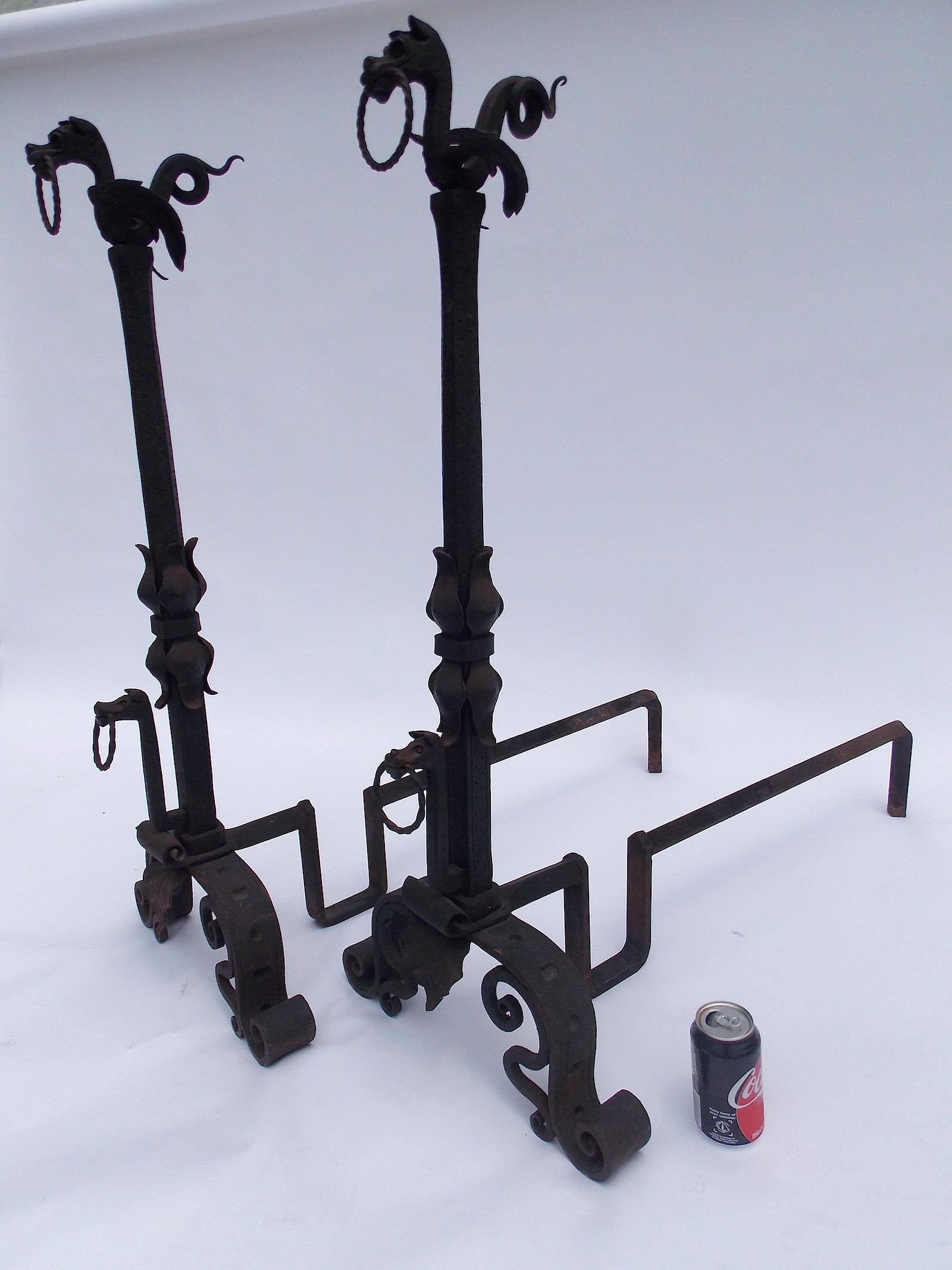 American Hand Forged Wrought Iron Dragon Andirons For Sale
