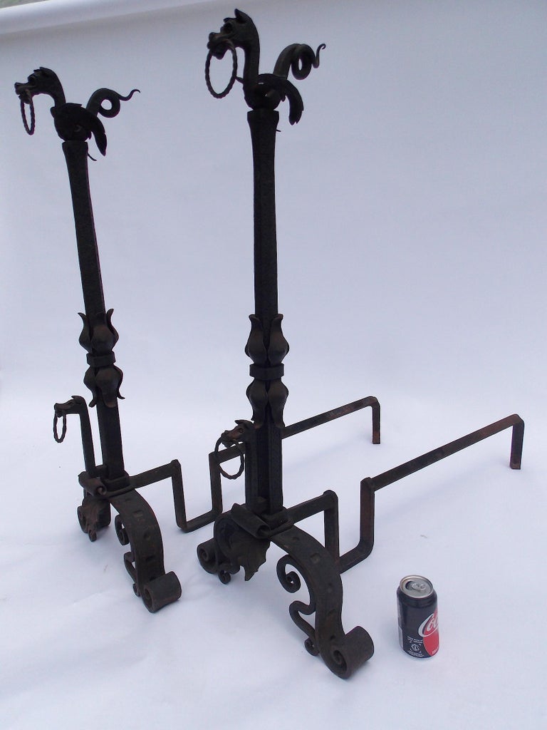Hand Wrought Iron Dragon Andirons For Sale at 1stDibs