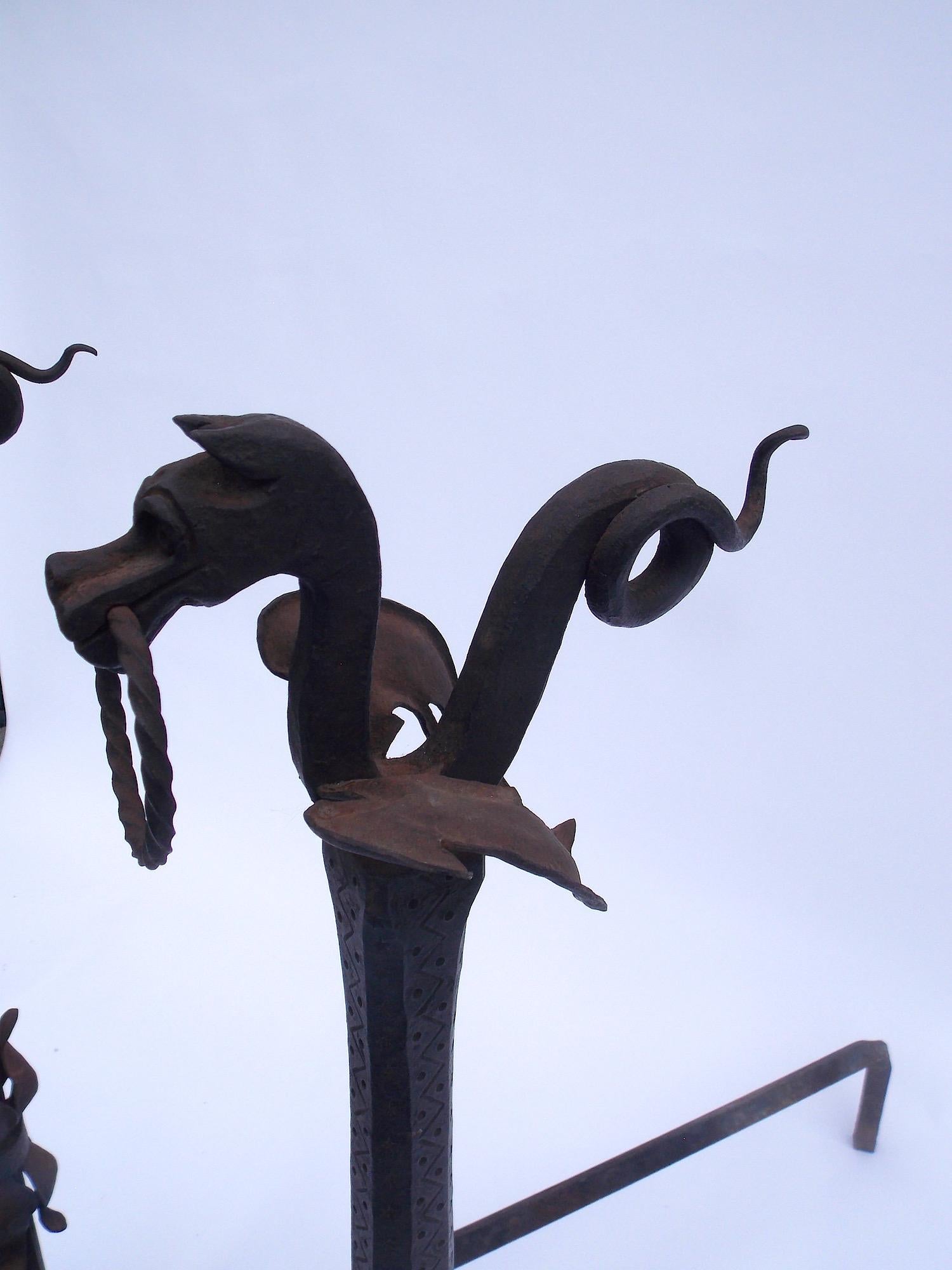 Hand Forged Wrought Iron Dragon Andirons In Good Condition For Sale In West Palm Beach, FL