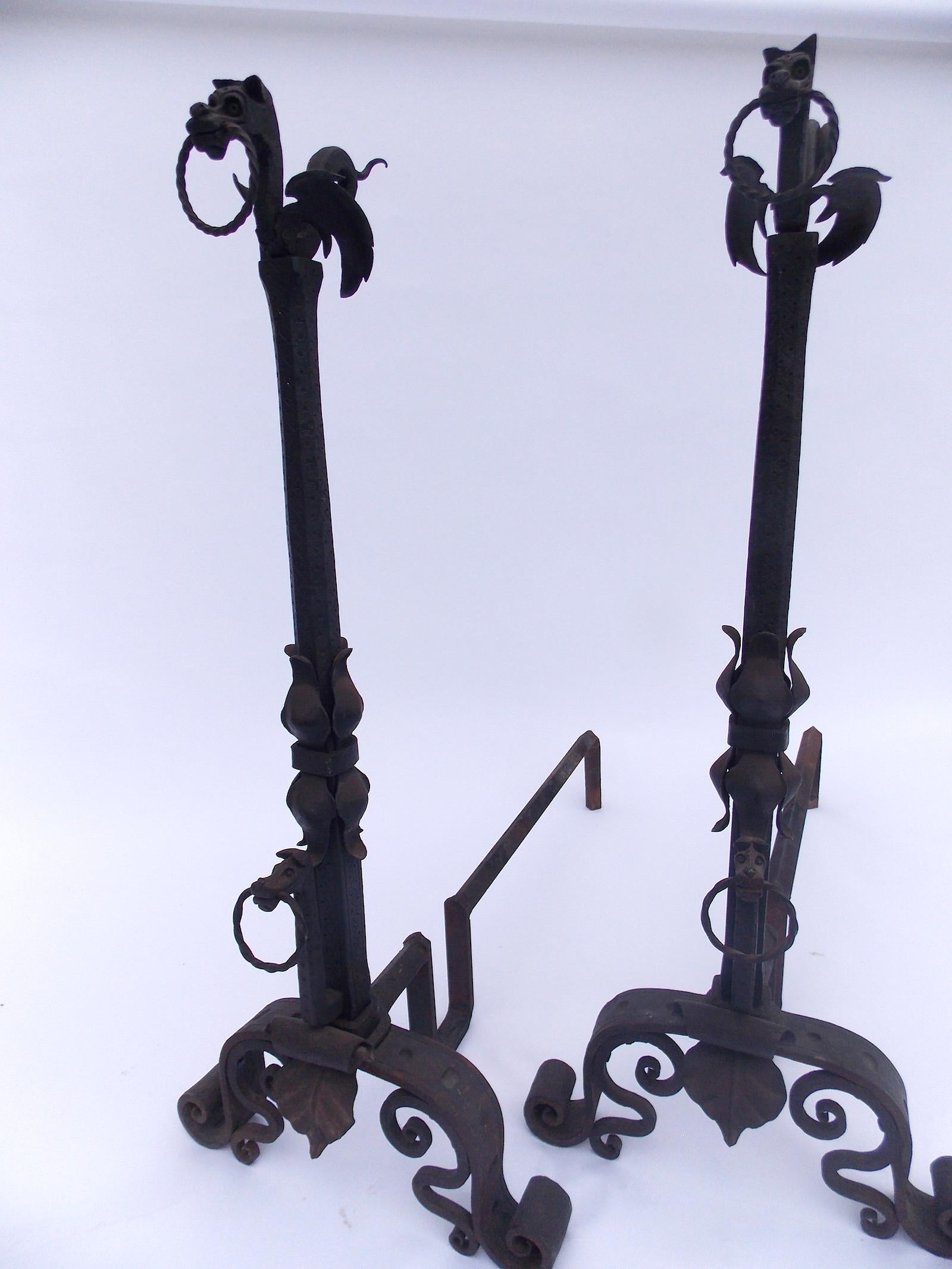 Hand Forged Wrought Iron Dragon Andirons For Sale 1