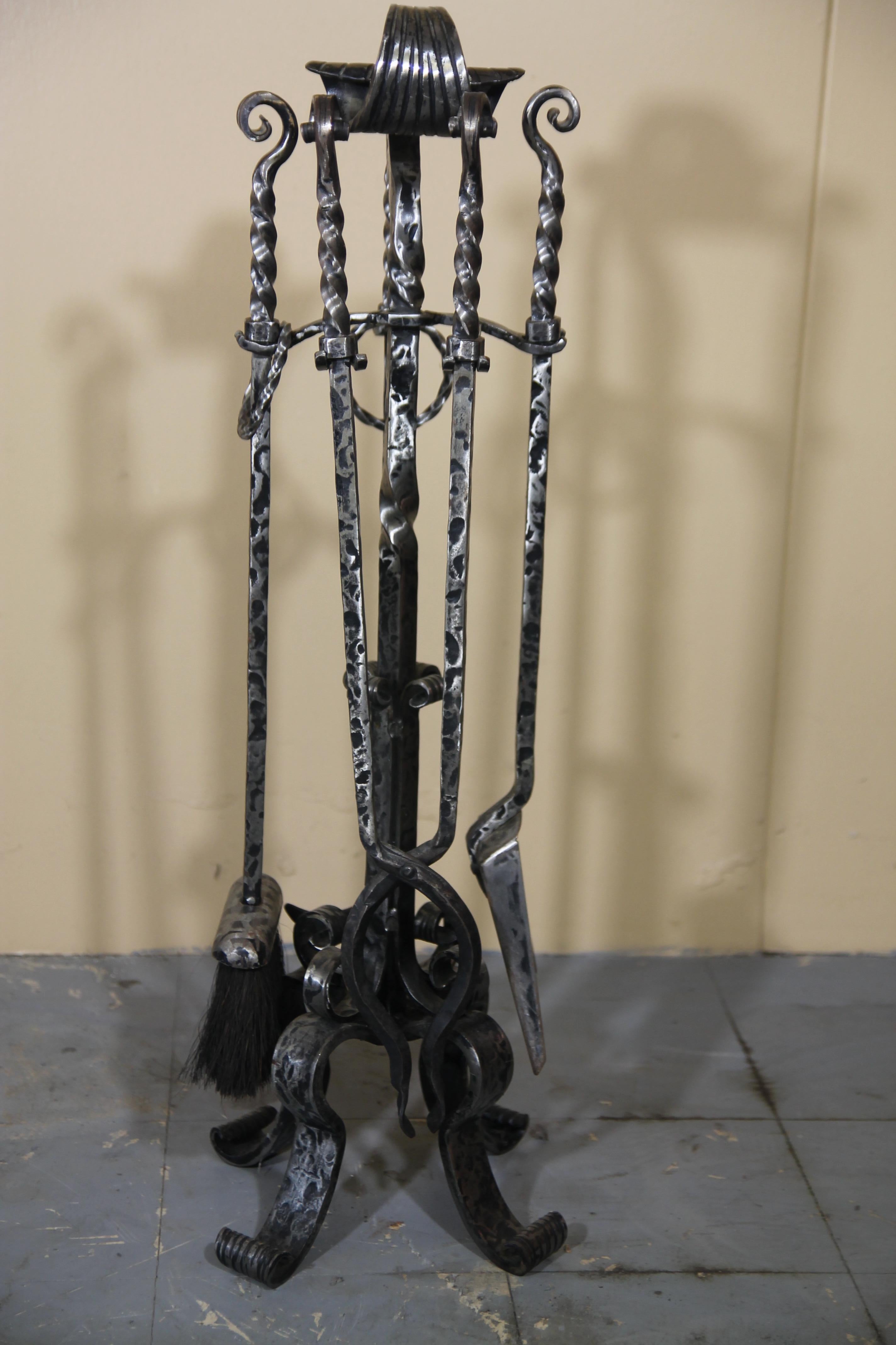 Mission Hand Forged Wrought Iron Fireplace Set Made Up of Screen, Tools and Andirons