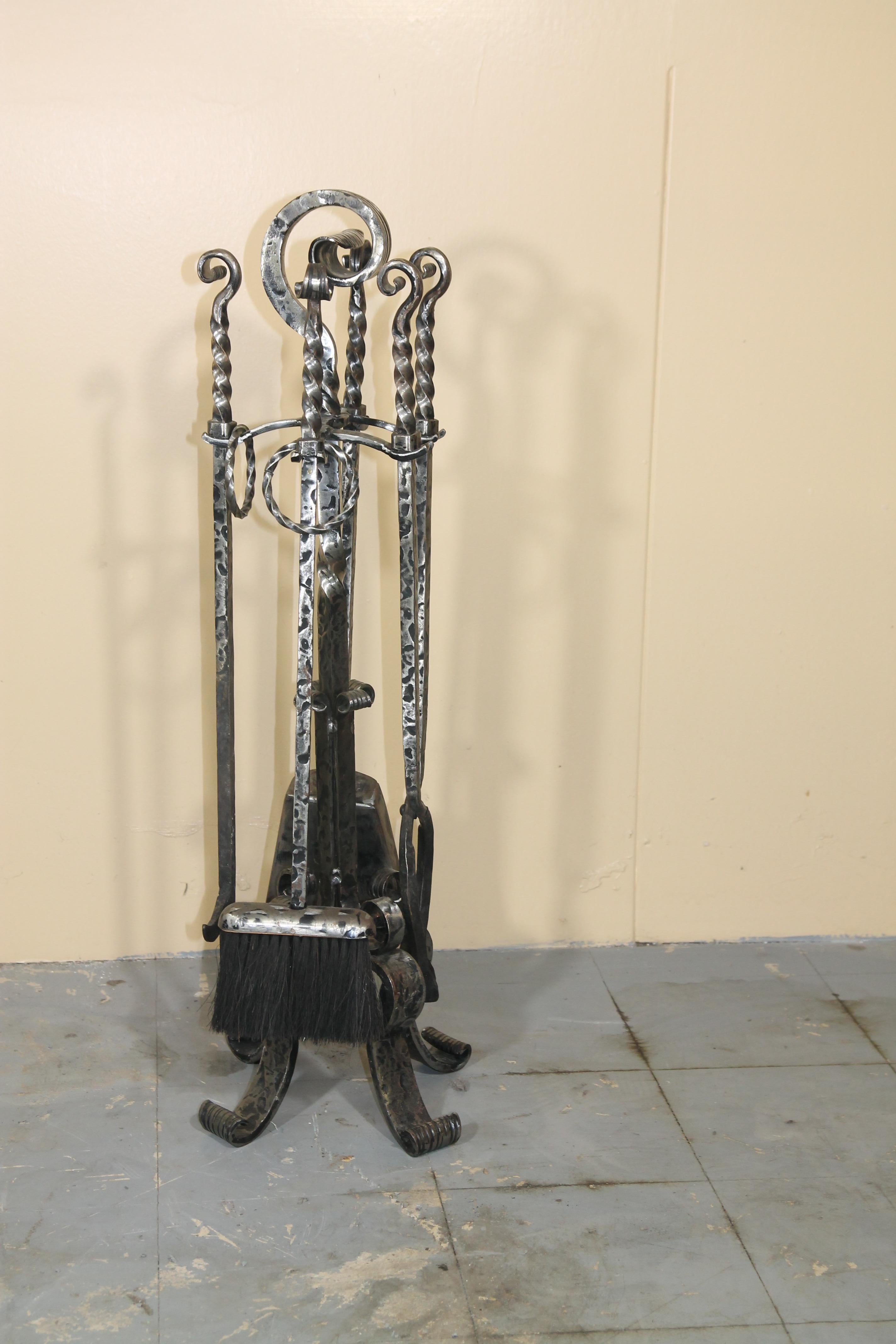 Canadian Hand Forged Wrought Iron Fireplace Set Made Up of Screen, Tools and Andirons