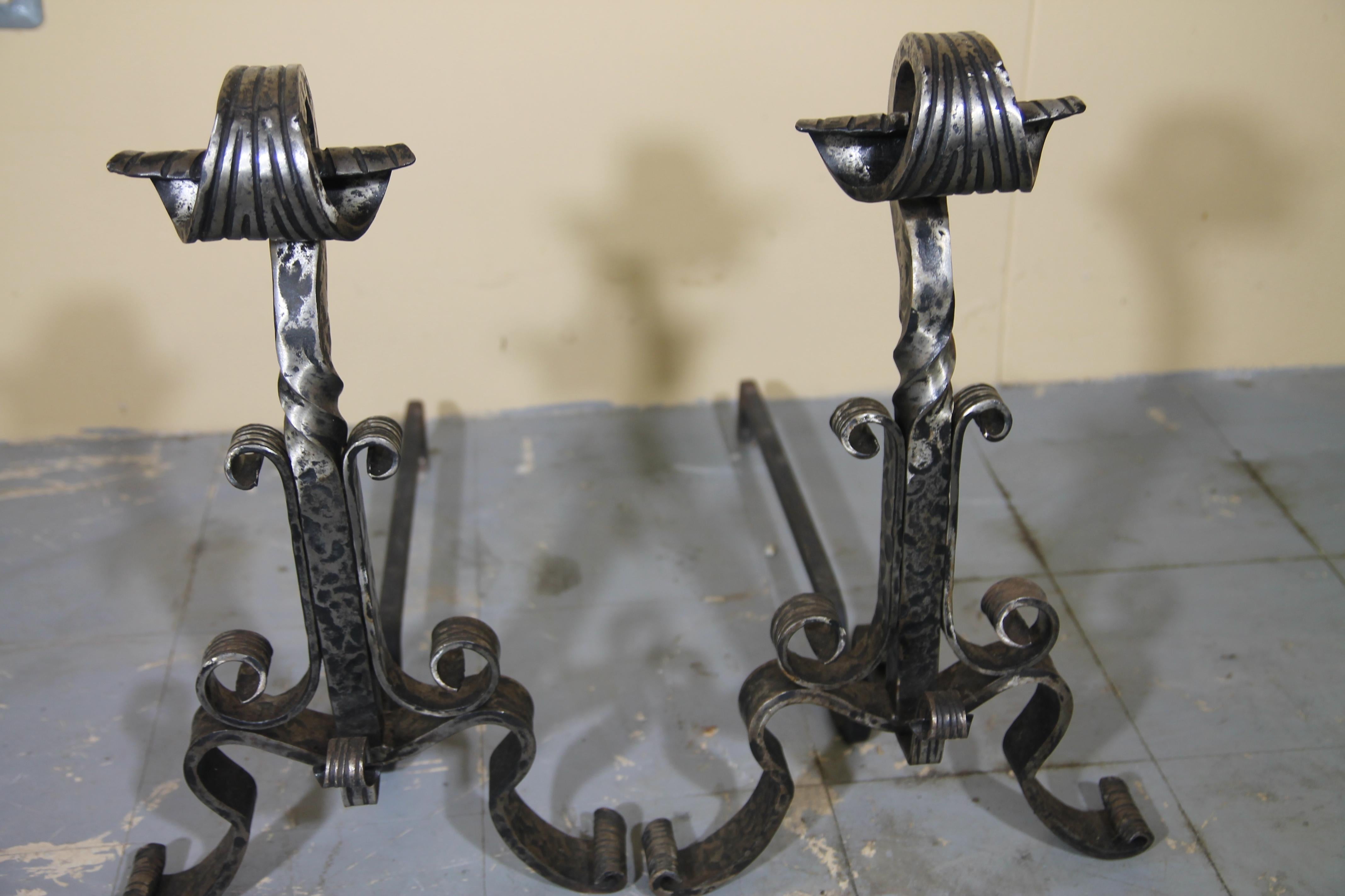 Hammered Hand Forged Wrought Iron Fireplace Set Made Up of Screen, Tools and Andirons