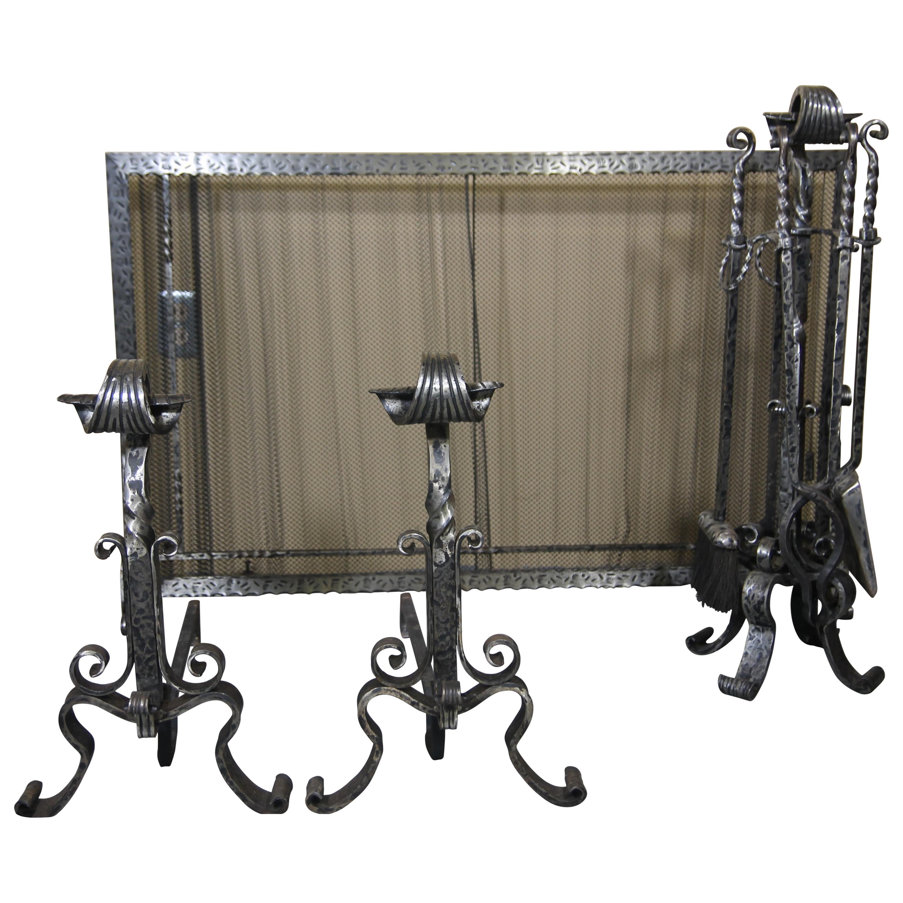 Hand Forged Wrought Iron Fireplace Set Made Up of Screen, Tools and Andirons